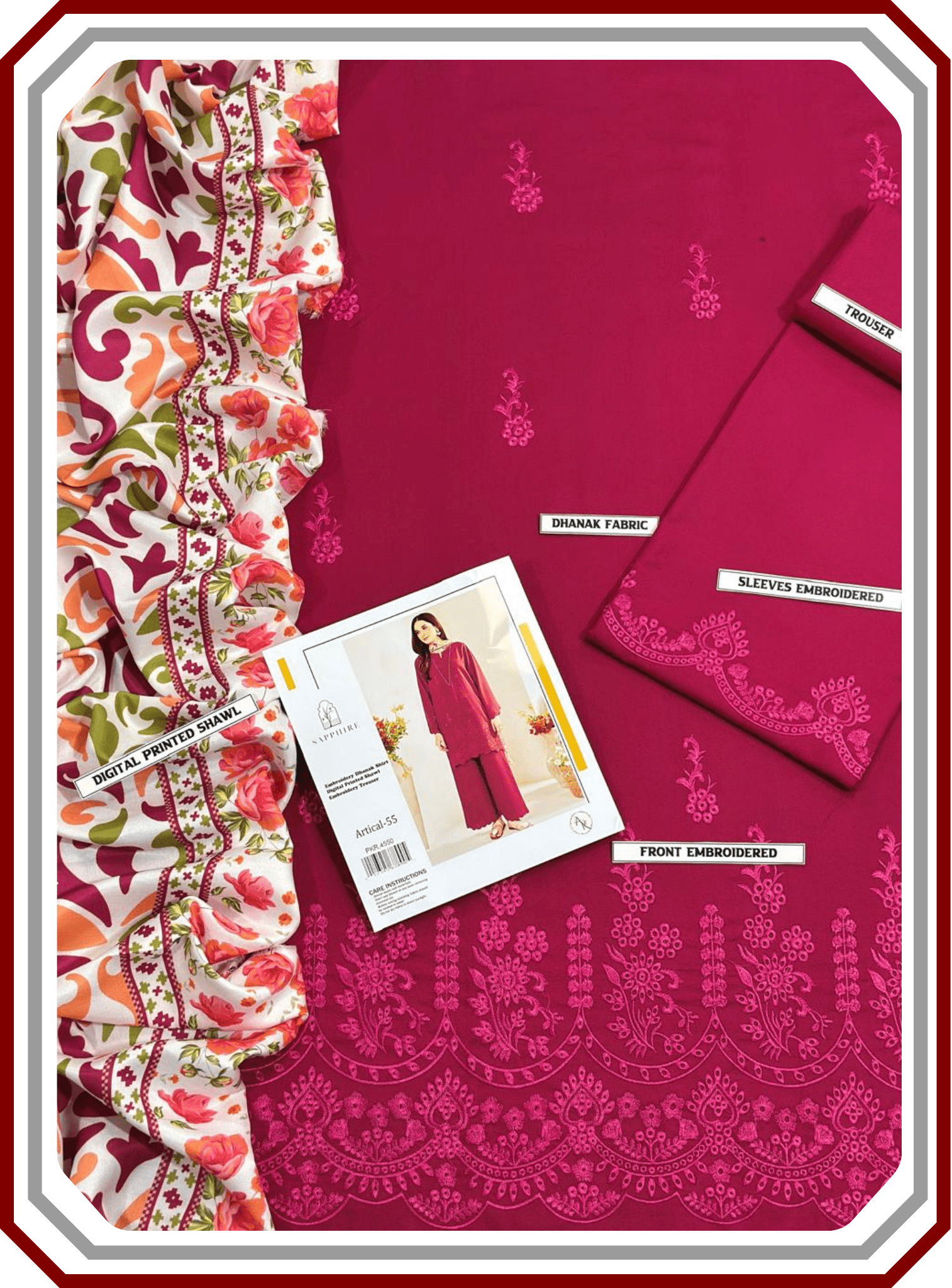 Sapphire Airjet Dhanak 3 Piece Suit - Heavy Chikan Kari Boring Embroidery with Pashmina Shawl (Unstitched) - Pehna Textile