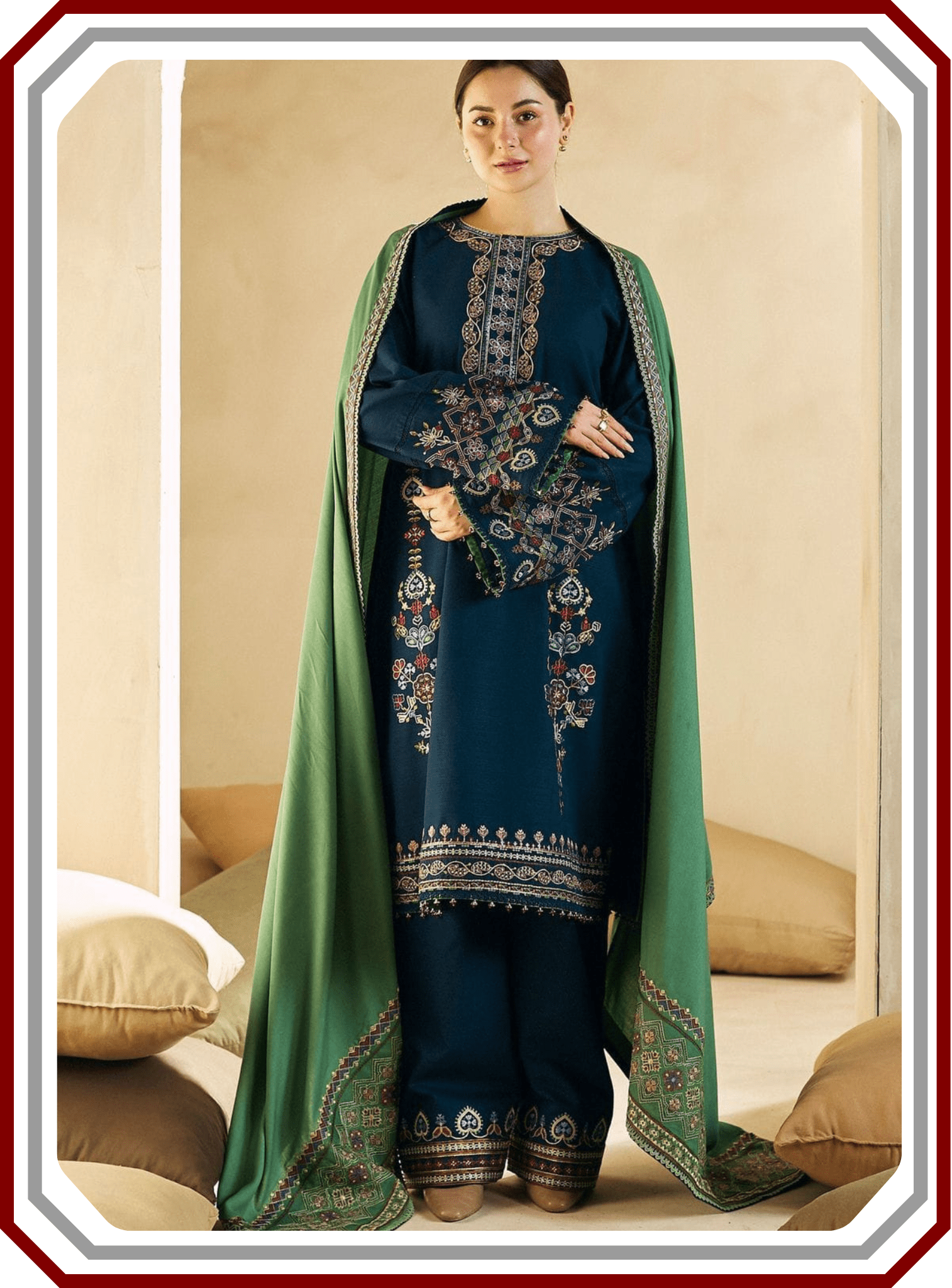 COCO Airjet Dhanak 3 - Piece Suit - Heavy Embroidered Front & Shawl - Pehna Textile