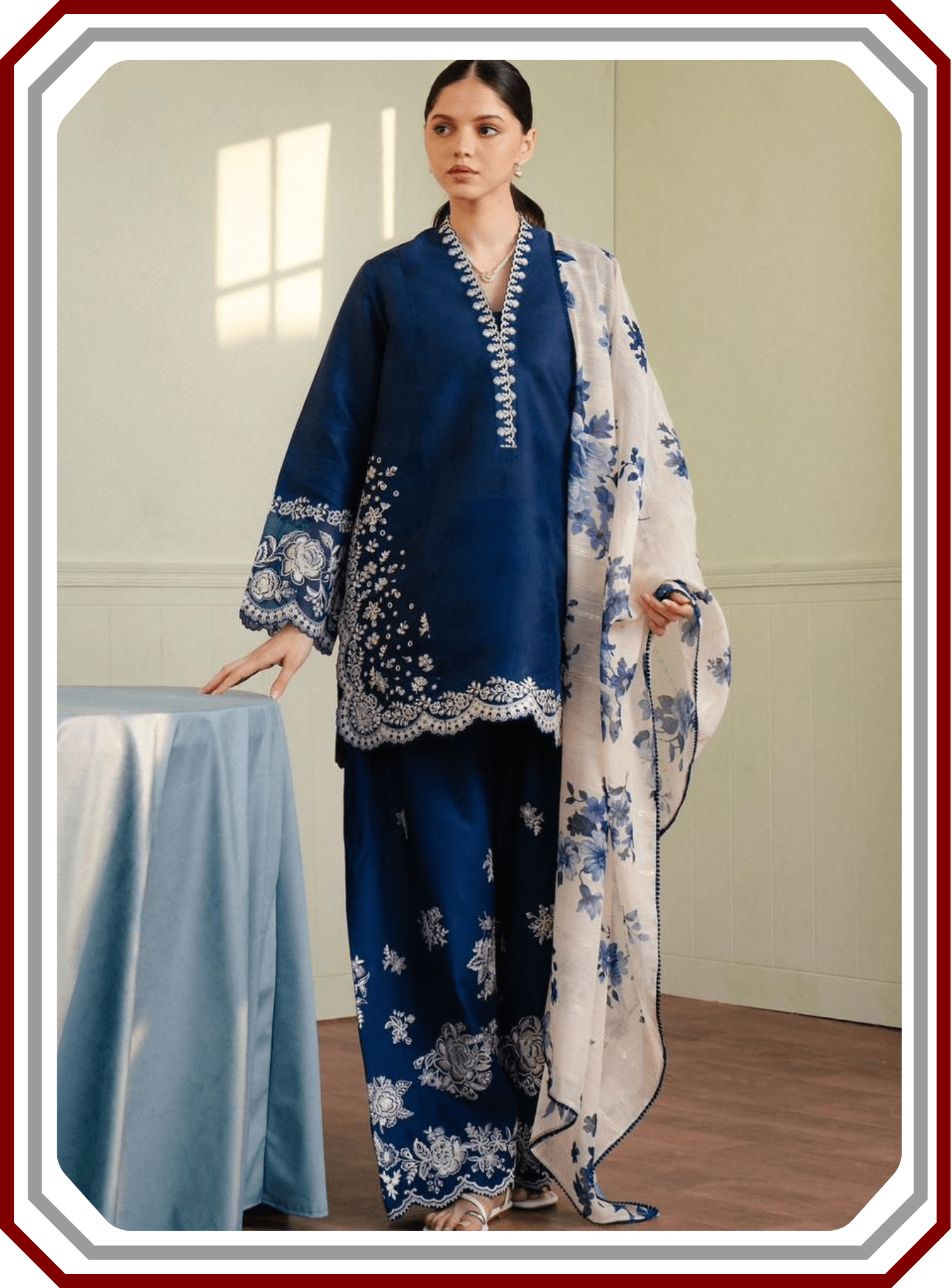 Zara Shahjahan Dhanak Suit - Embroidered Trouser & Digital Dupatta - Pehna Textile