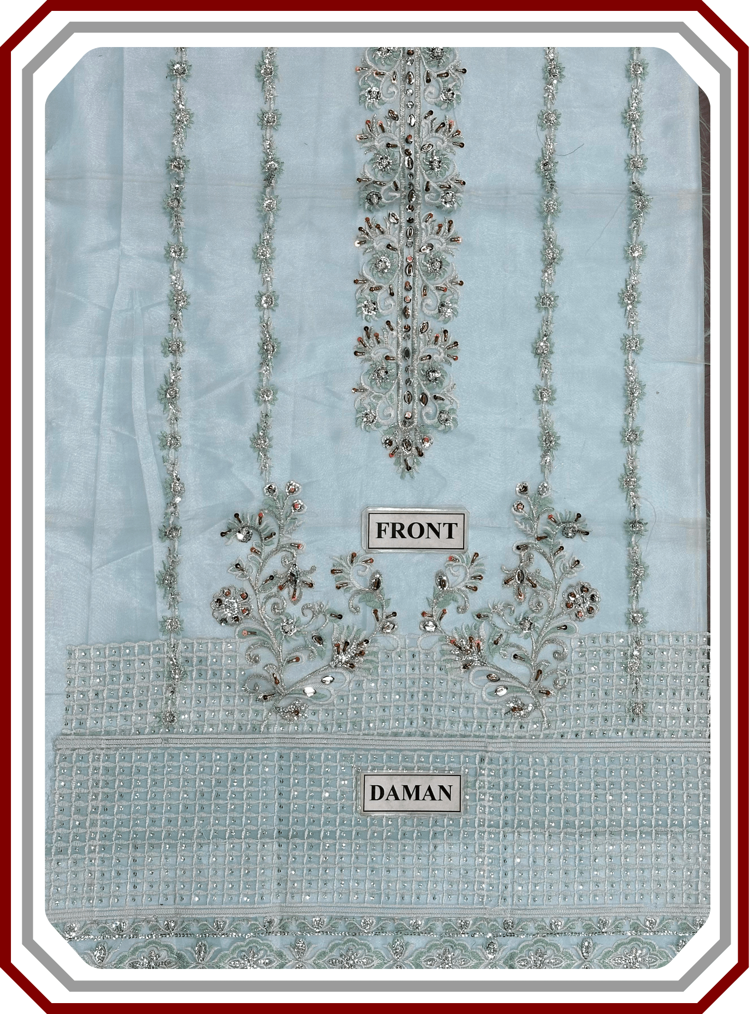 Mushq Replica Hand - Crafted Organza Ensemble - Adda & Sequence Work with Satin Silk (Unstitched) - Pehna Textile