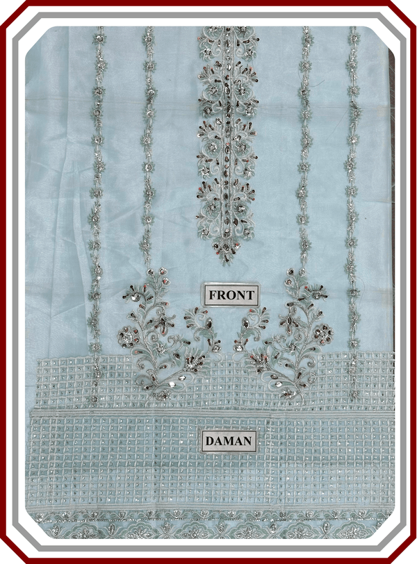 Mushq Replica Hand - Crafted Organza Ensemble - Adda & Sequence Work with Satin Silk (Unstitched) - Pehna Textile