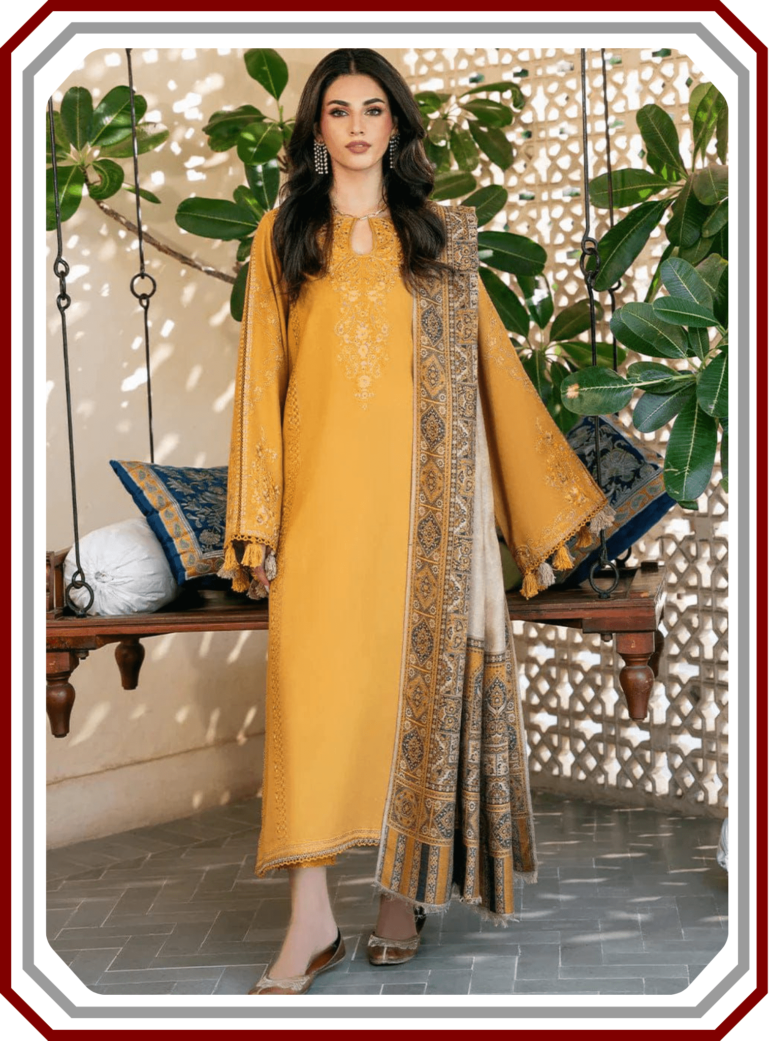 Izel Dhanak 3PC Unstitched Winter Collection 2025 – Full Embroidered Suit D574 Replica - Pehna Textile