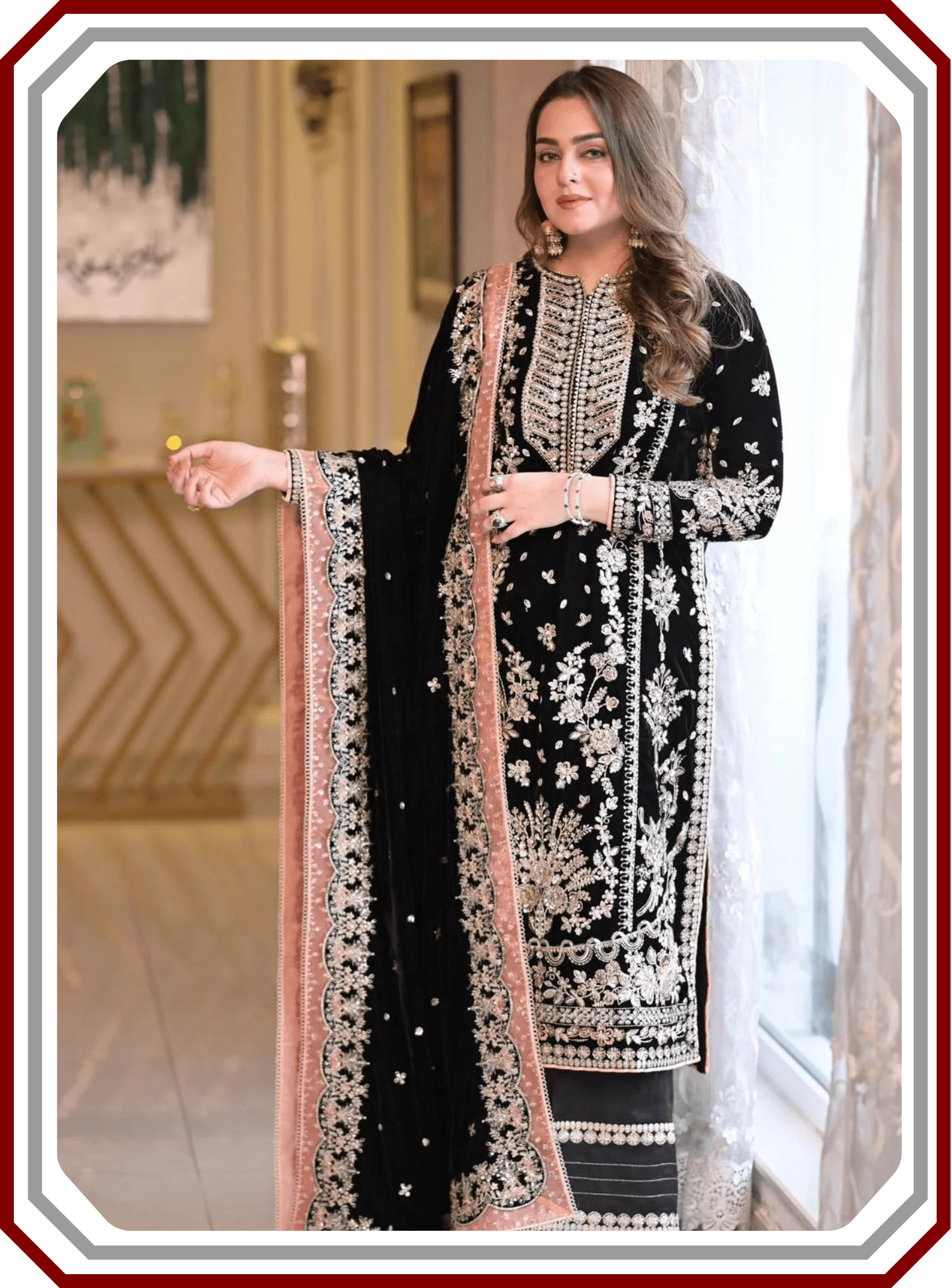 Aneelas Micro 9000 Velvet Suit - Handwork & Chiffon Dupatta - Pehna Textile