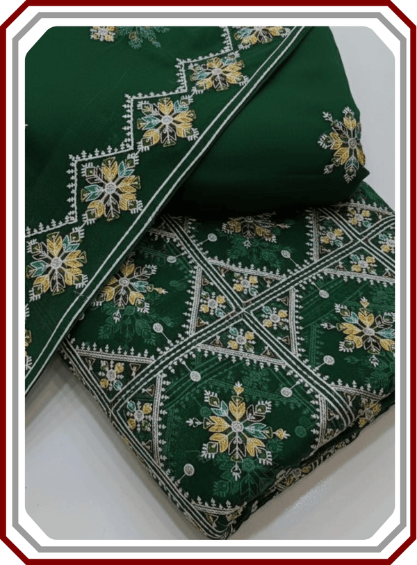 Phulkari Style 3 - Piece Unstitched Suit – Thread - Work Chiffon & Malai - Pehna Textile