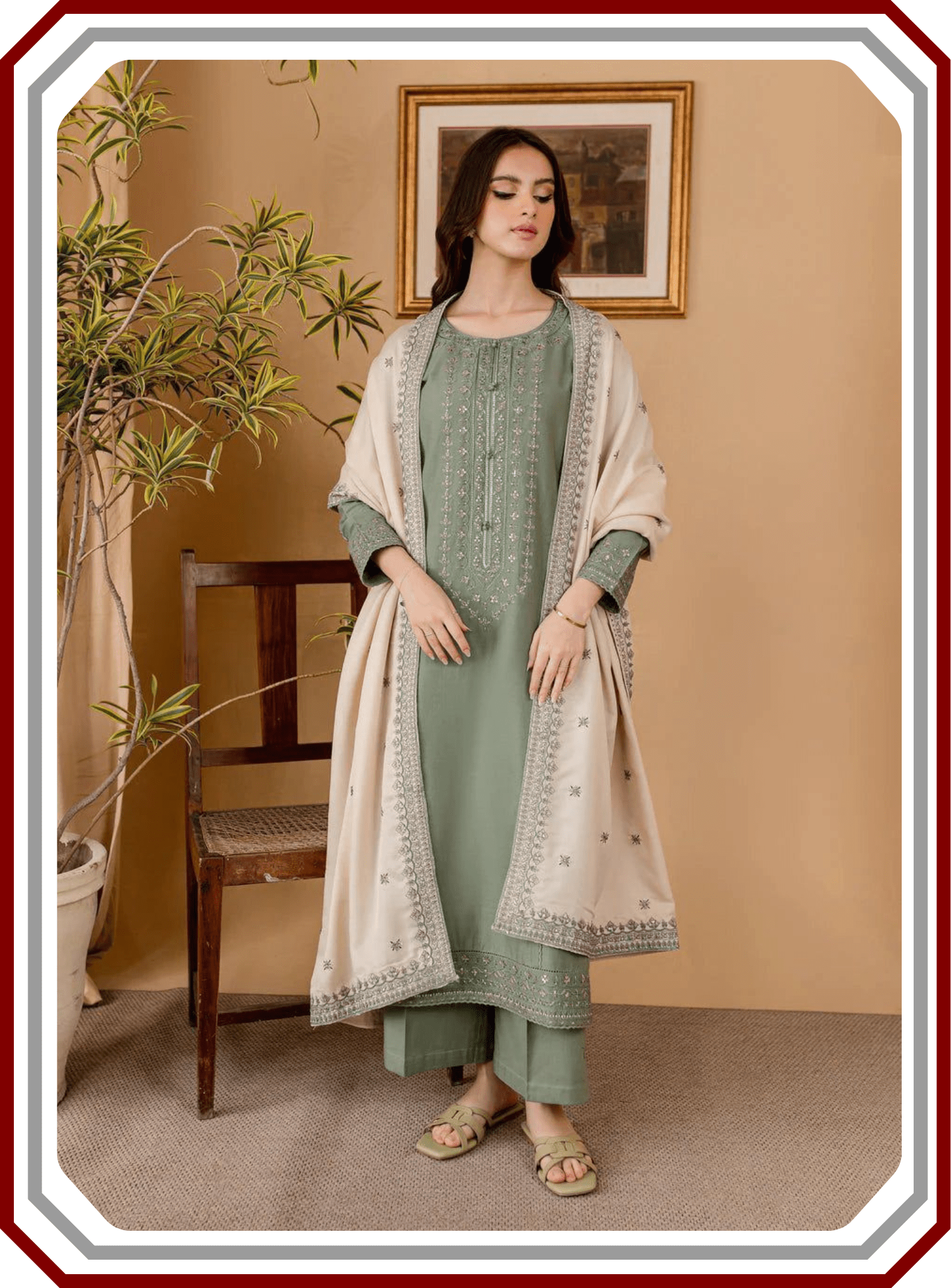 Batik Dhanak Suit - Heavy Emb Neck & RTW Shawl (Unstitched) - Pehna Textile