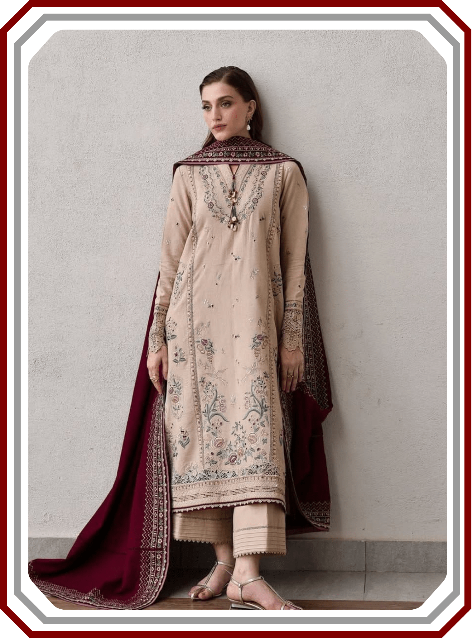IZEL Luxury Airjet Dhanak Suit - Heavy Embroidered Shawl (Unstitched) - Pehna Textile