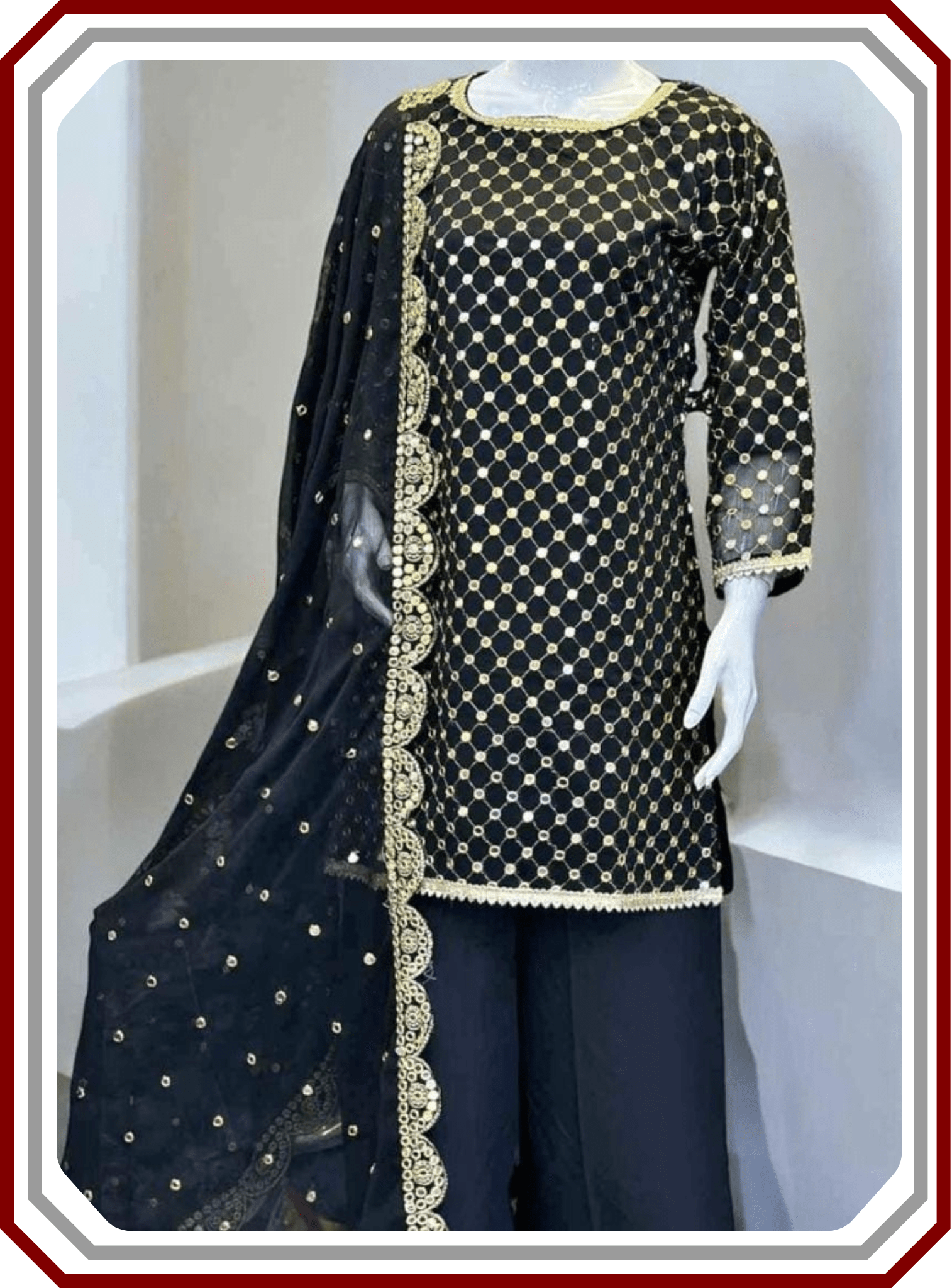 Boutique Style Heavy 9mm Embroidered Chiffon Suit with Cutwork Dupatta (Unstitched) - Pehna Textile