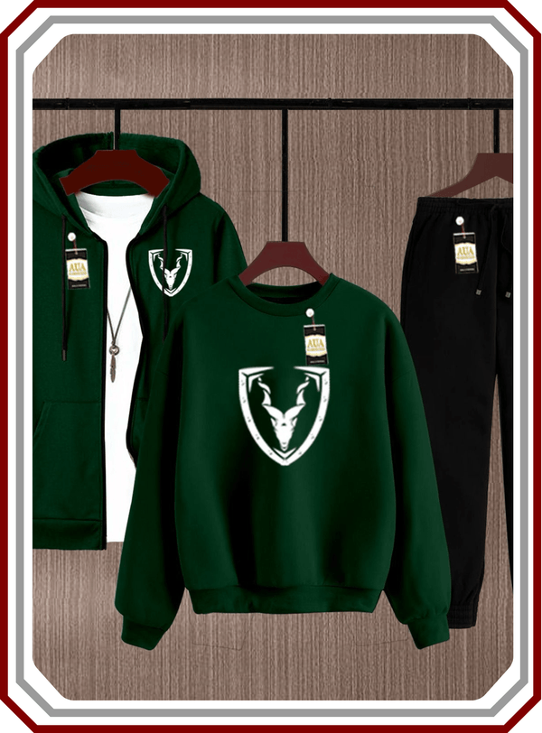 Men's 3 - Piece Winter Tracksuit Bundle - Zipper Hoodie, Sweatshirt & Trouser Fleece Set - Pehna Textile