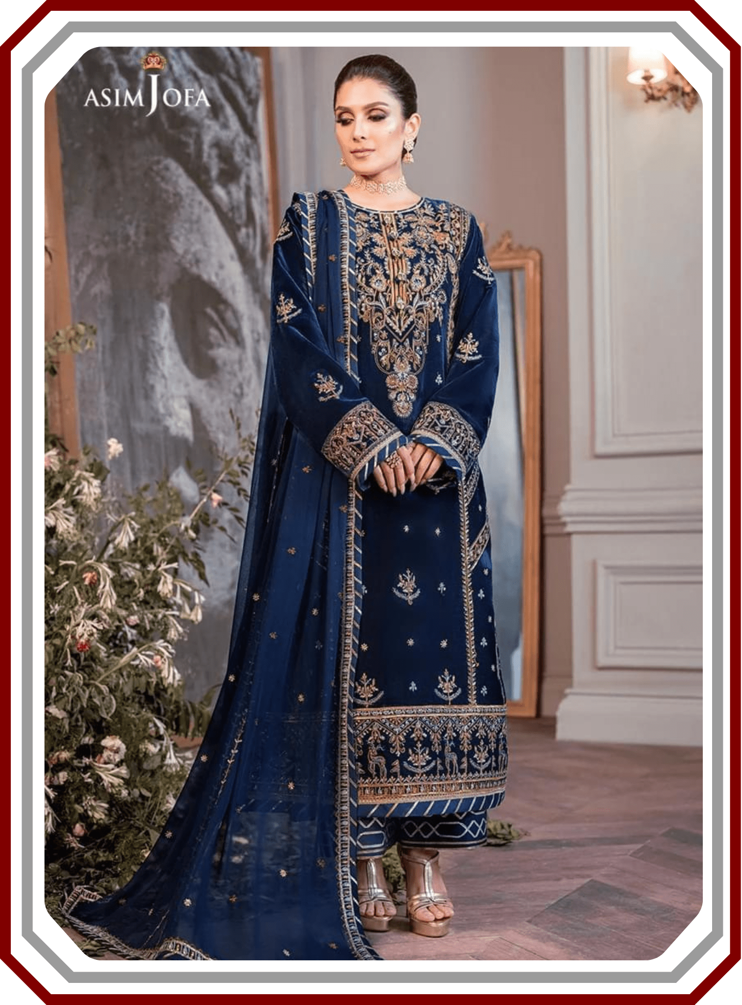 Asim Jofa Ayeza Makhmal Collection - Micro 9000 Velvet Suit with Cutwork Net Dupatta (Unstitched) - Pehna Textile