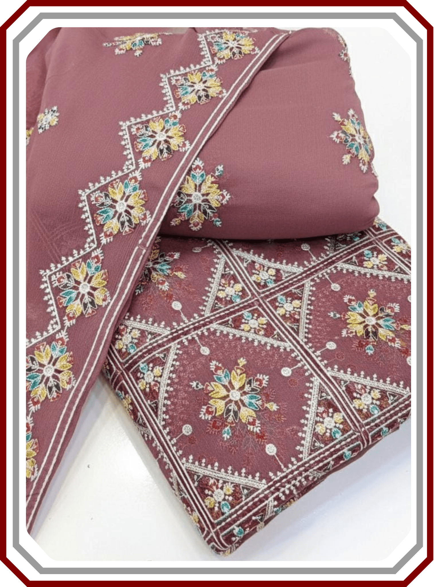 Phulkari Style 3 - Piece Unstitched Suit – Thread - Work Chiffon & Malai - Pehna Textile