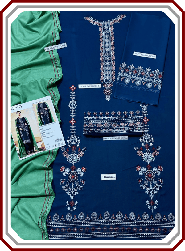 COCO Airjet Dhanak 3 - Piece Suit - Heavy Embroidered Front & Shawl - Pehna Textile