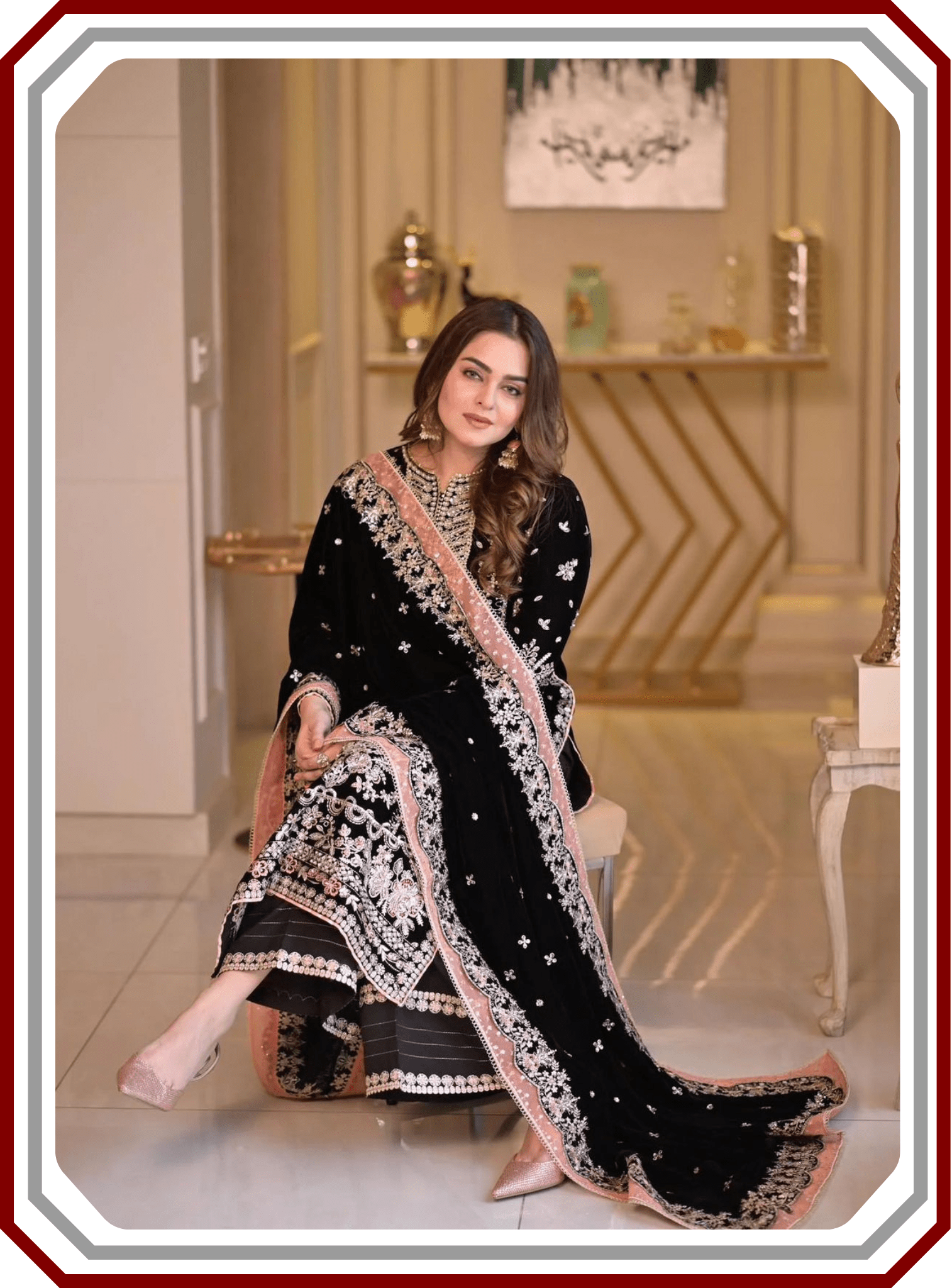 Aneelas Micro 9000 Velvet Suit - Handwork & Chiffon Dupatta - Pehna Textile