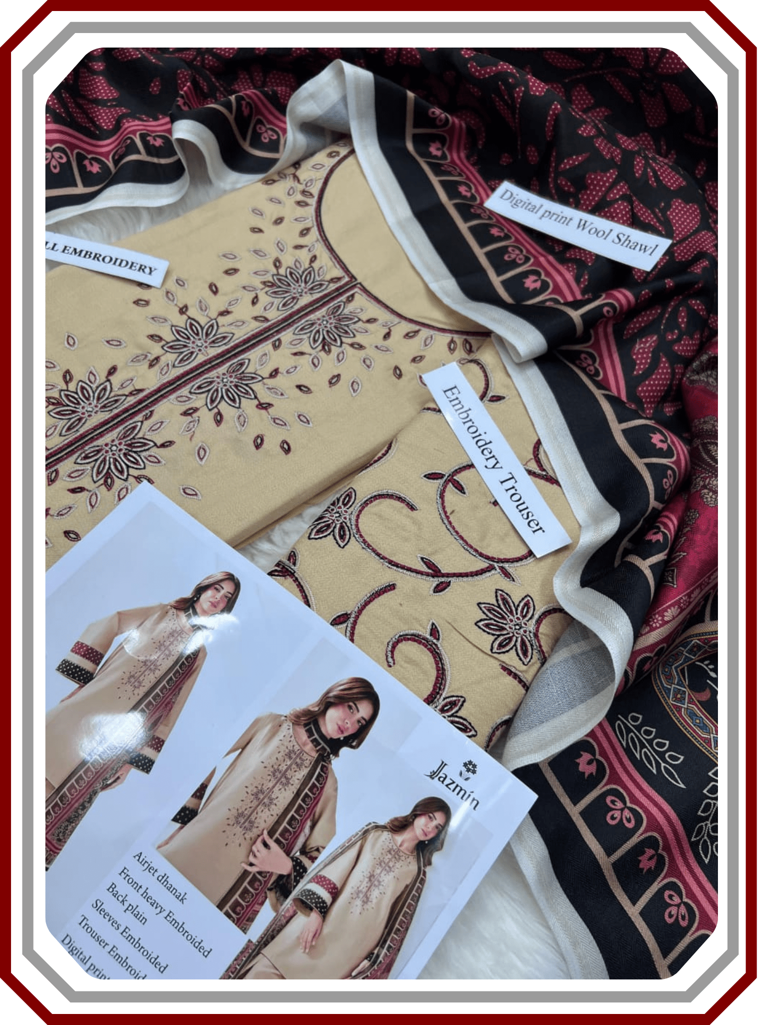 Jazmine Premium Dhanak Suit with Digital Wool Shawl & Embroidered Trouser (Unstiched) - Pehna Textile