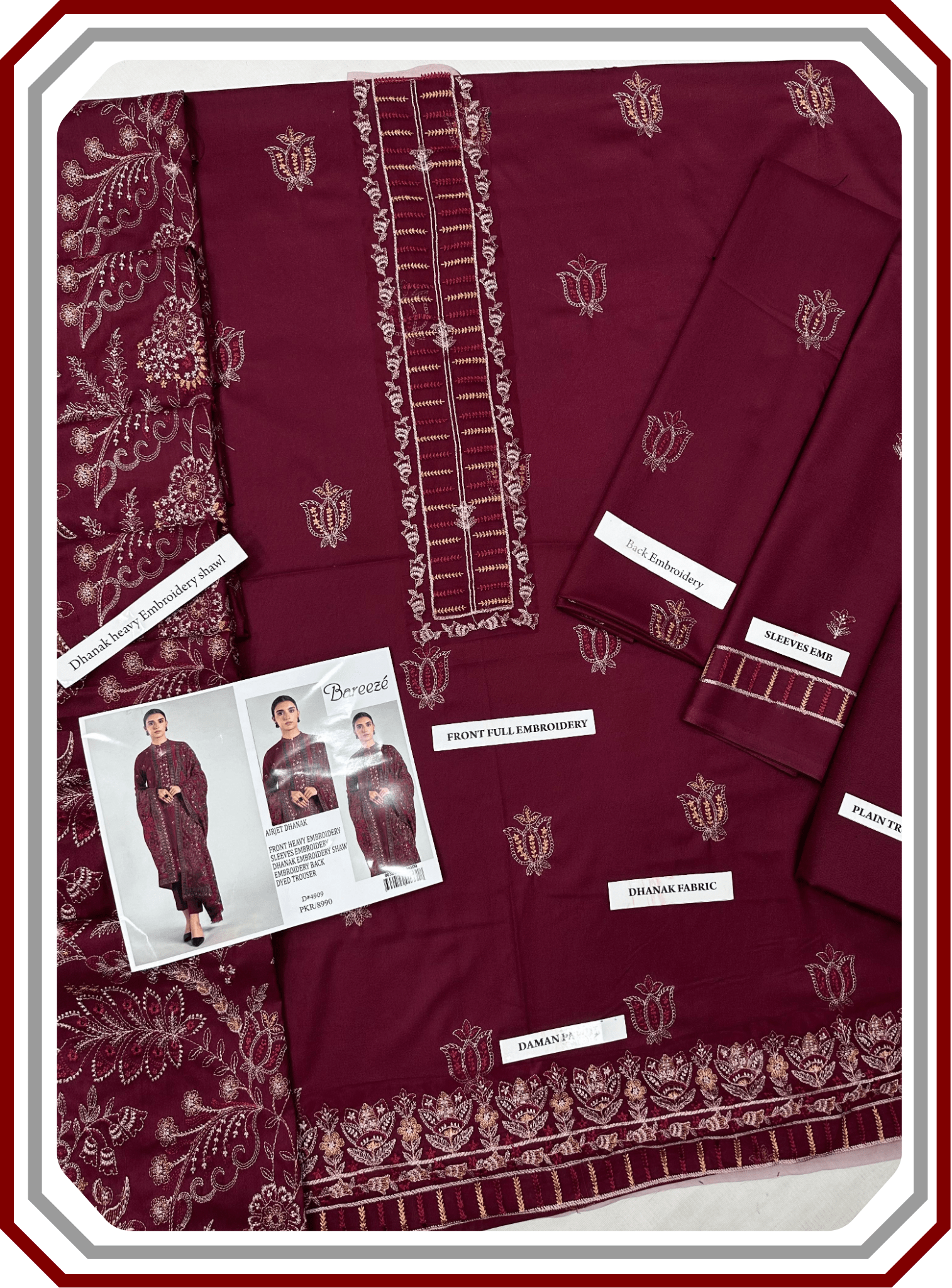 Bareeze Premium Dhanak – Full Heavy Embroidered Shawl 3PC Unstitched Suit - Pehna Textile