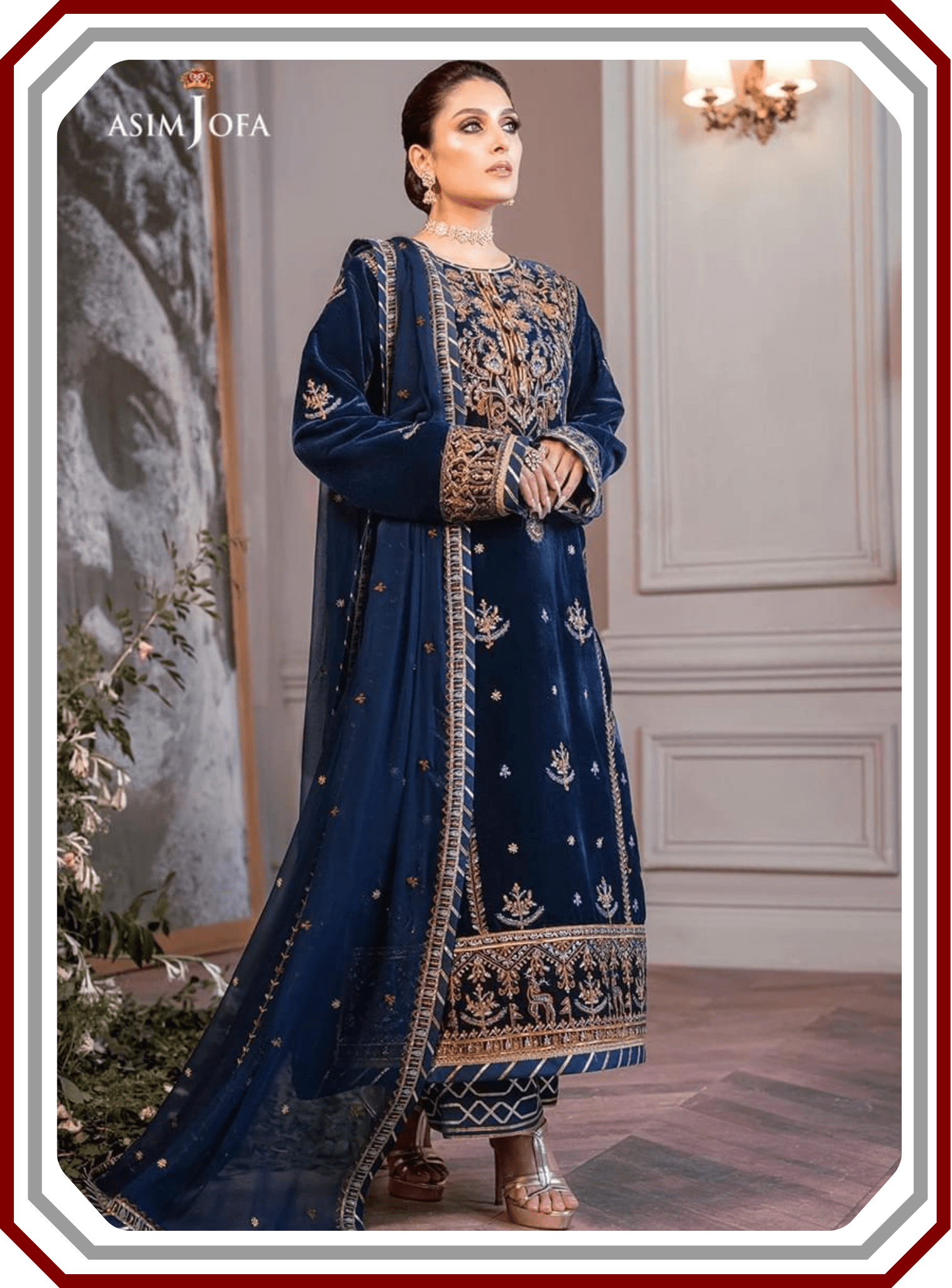 Asim Jofa Ayeza Makhmal Collection - Micro 9000 Velvet Suit with Cutwork Net Dupatta (Unstitched) - Pehna Textile