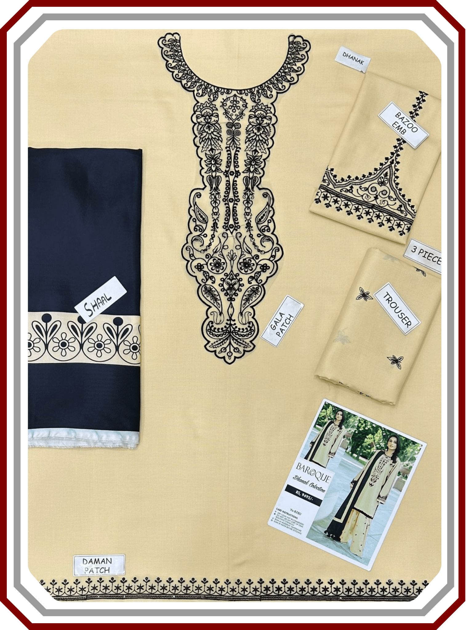 Baroque Most Demanding Edition - 3 Piece Embroidered Dhanak Suit with Digital Shawl (Unstitched) - Pehna Textile
