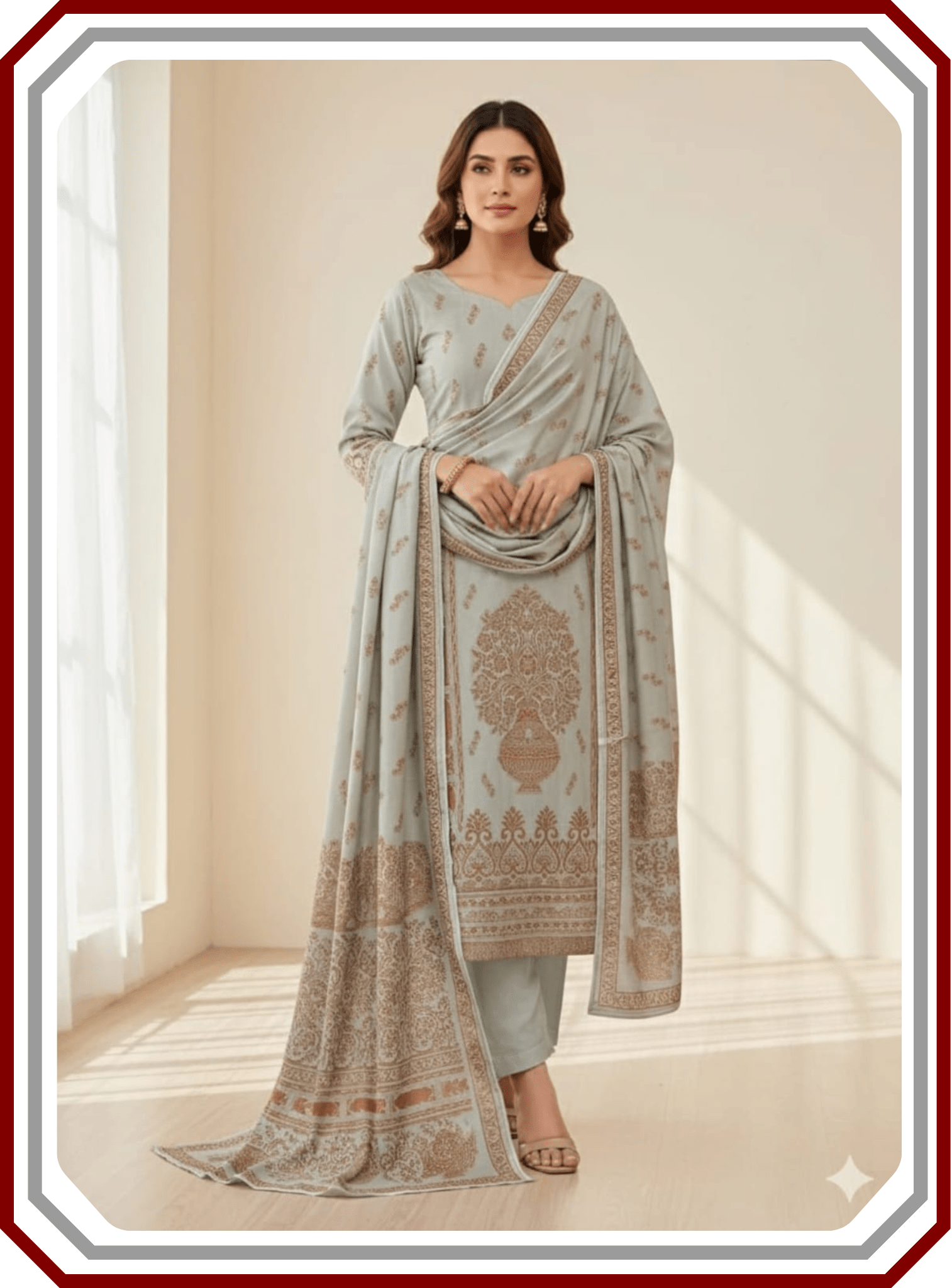 Elegant Mother's Edition - Jacquard Dhanak Wool 3 - Piece Suit with Warm Shawl - Pehna Textile