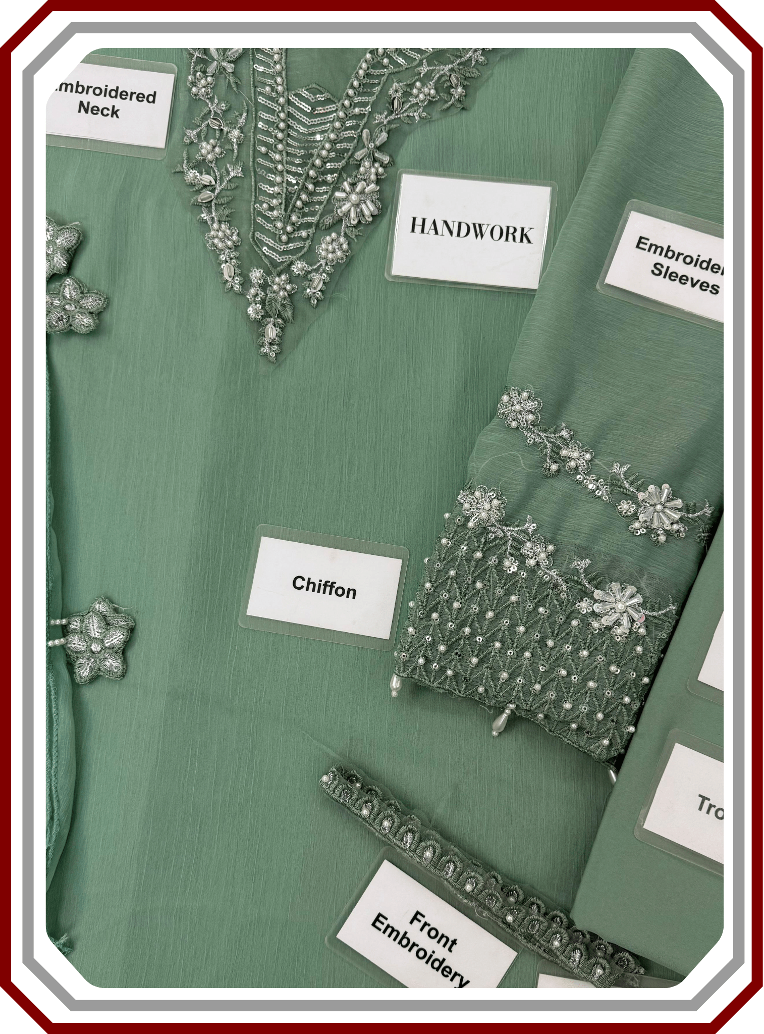 Baroque Replica Chiffon Unstitched 3 - Piece Suit with Handwork Details - Pehna Textile