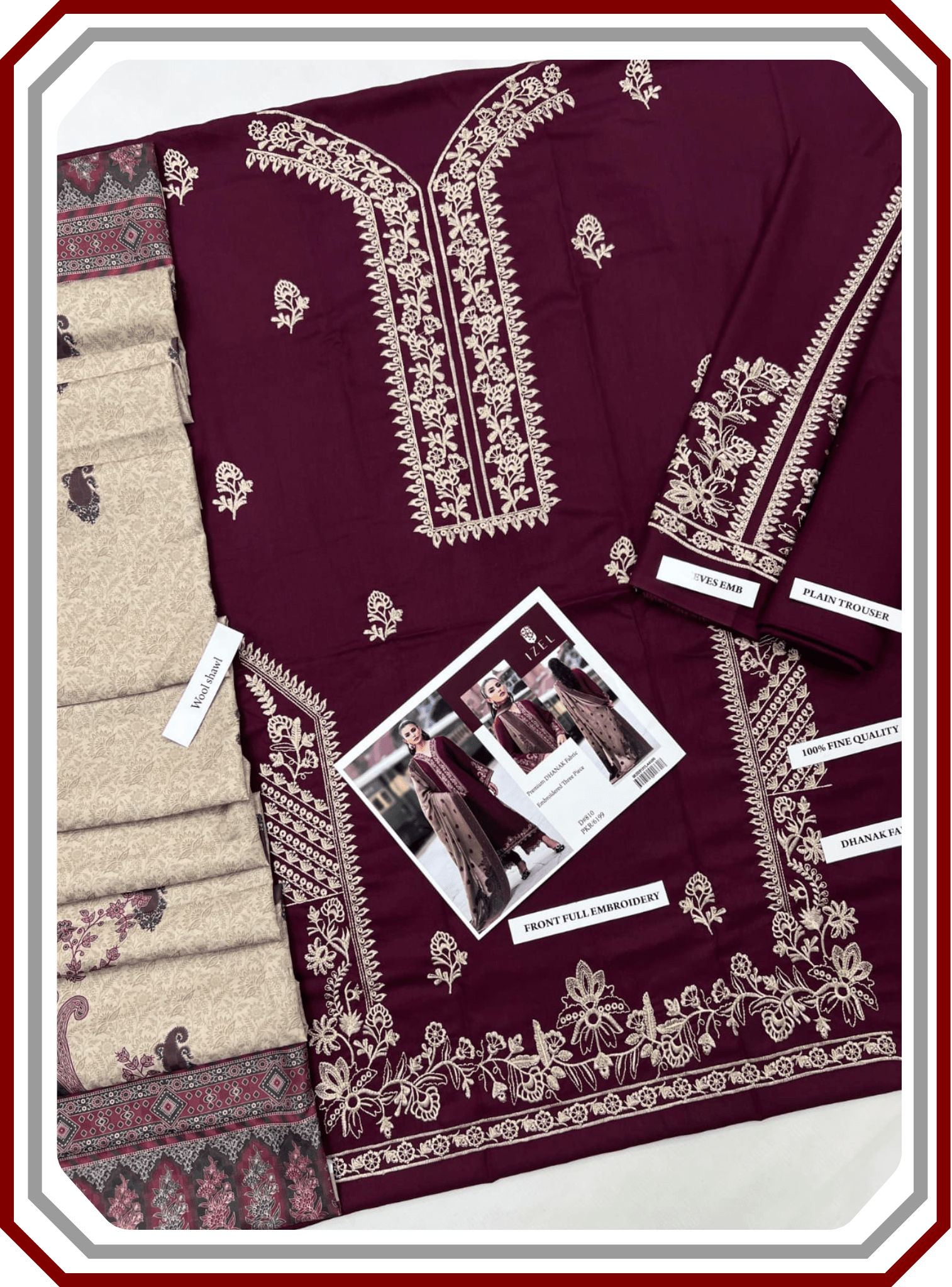 IZEL Premium Dhanak Embroidered Suit with Digital Wool Shawl - Winter Collection 2025 - Pehna Textile