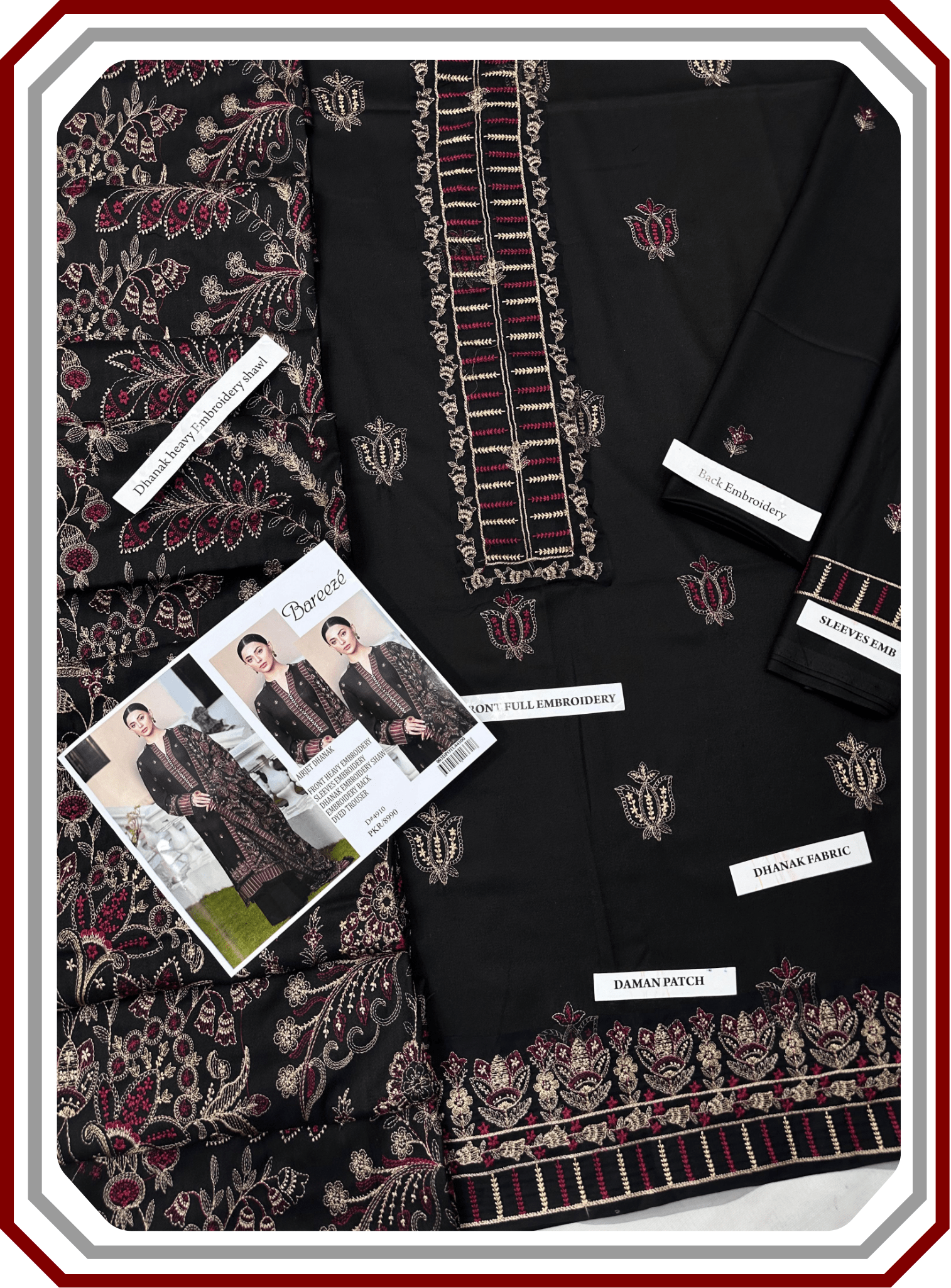 Bareeze Premium Dhanak – Full Heavy Embroidered Shawl 3PC Unstitched Suit - Pehna Textile