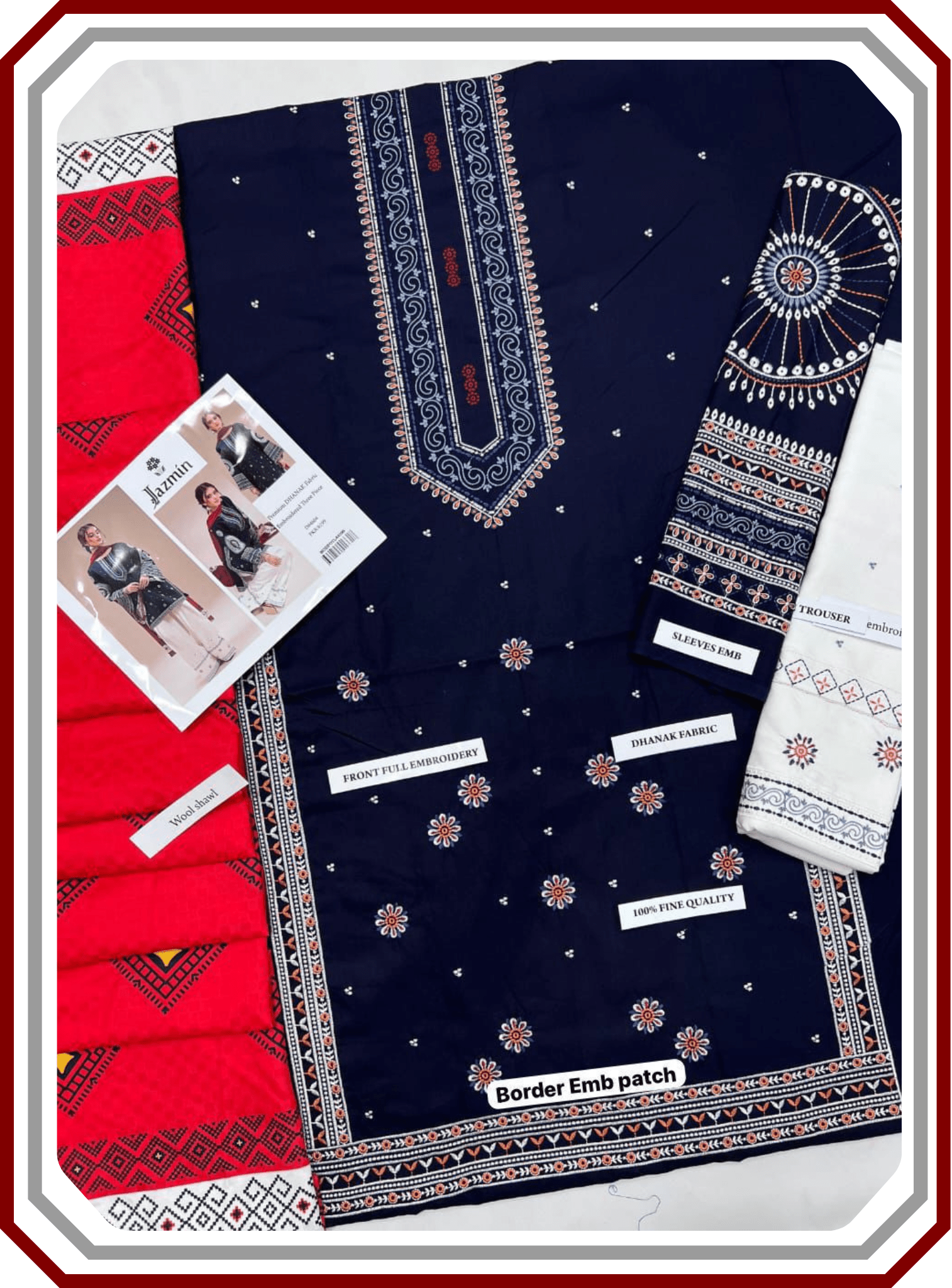 Jazmine Most Demanding Edition - 3 Piece Embroidered Dhanak Suit with Digital Printed Dupatta (Unstitched) - Pehna Textile