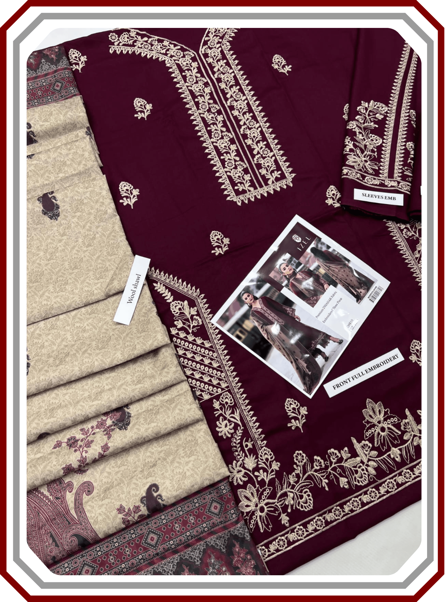 IZEL Premium Dhanak Embroidered Suit with Digital Wool Shawl - Winter Collection 2025 - Pehna Textile