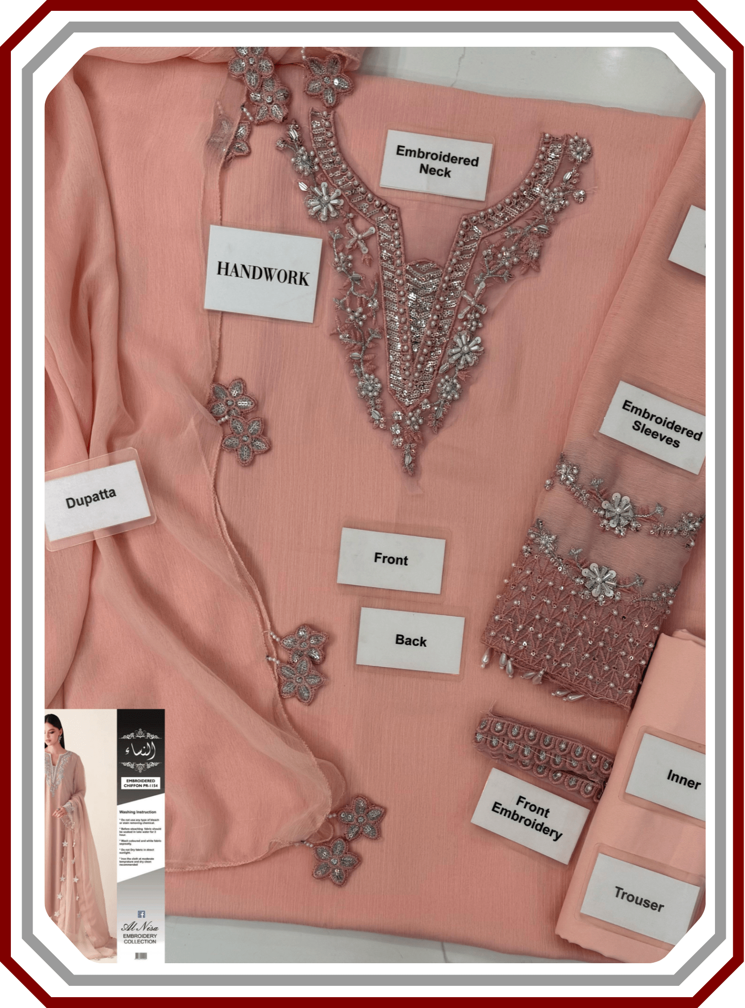 Baroque Replica Chiffon Unstitched 3 - Piece Suit with Handwork Details - Pehna Textile