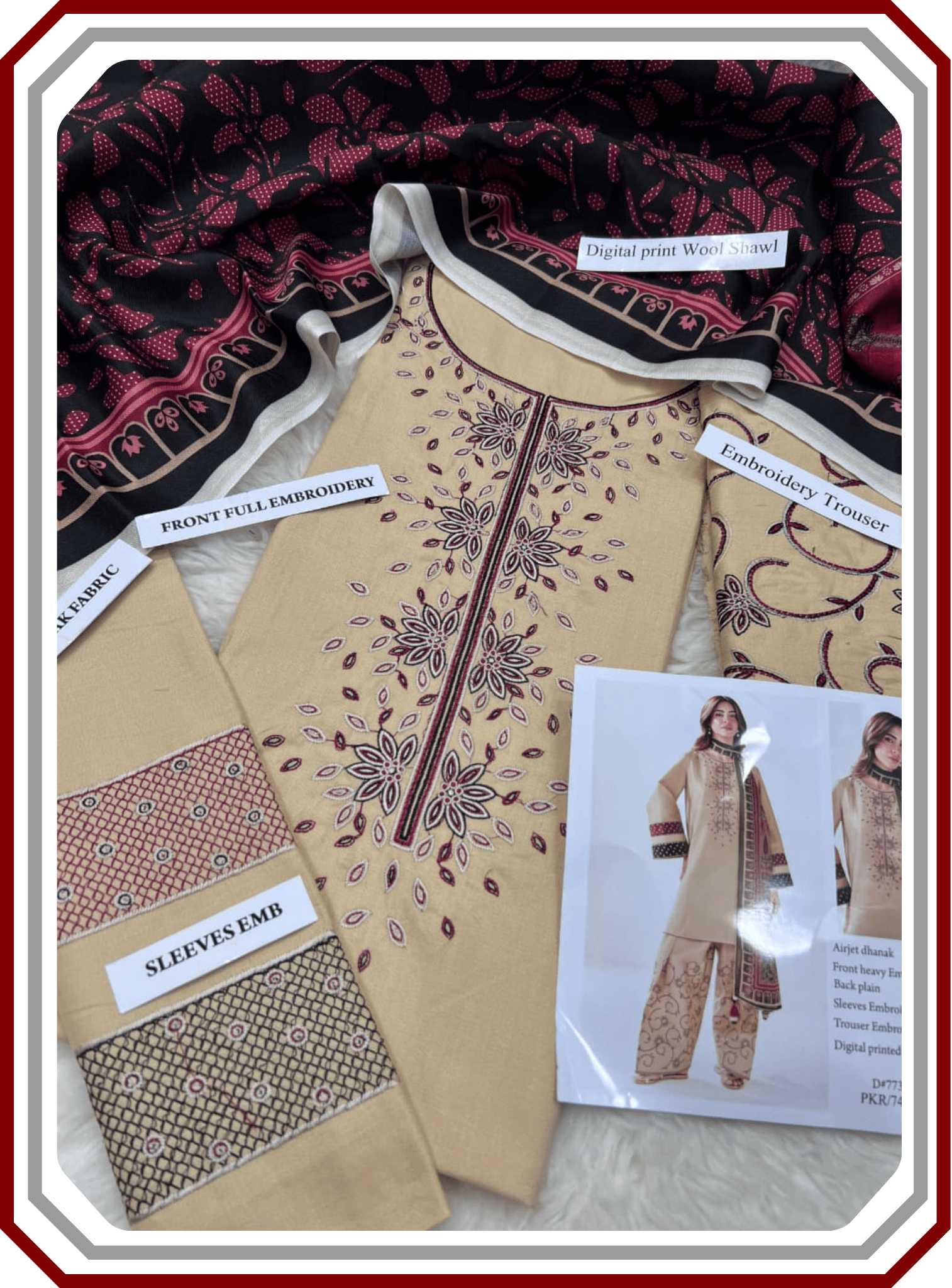 Jazmine Premium Dhanak Suit with Digital Wool Shawl & Embroidered Trouser (Unstiched) - Pehna Textile