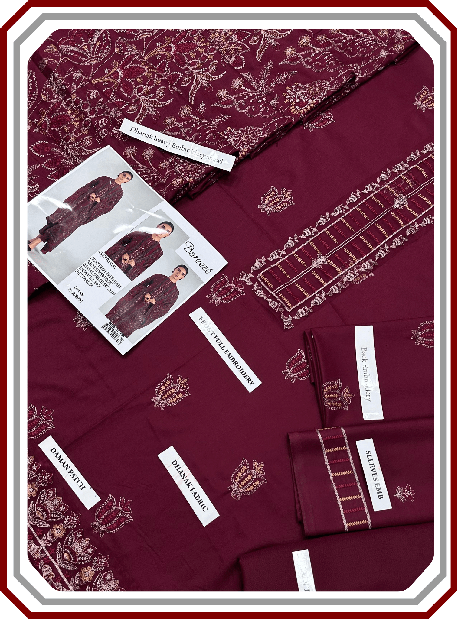 Bareeze Premium Dhanak – Full Heavy Embroidered Shawl 3PC Unstitched Suit - Pehna Textile