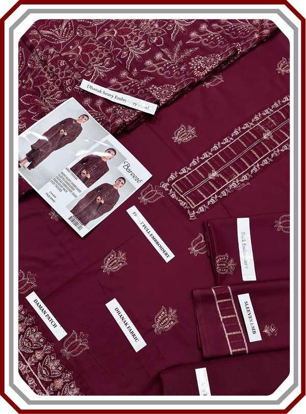 Bareeze Premium Dhanak – Full Heavy Embroidered Shawl 3PC Unstitched Suit - Pehna Textile