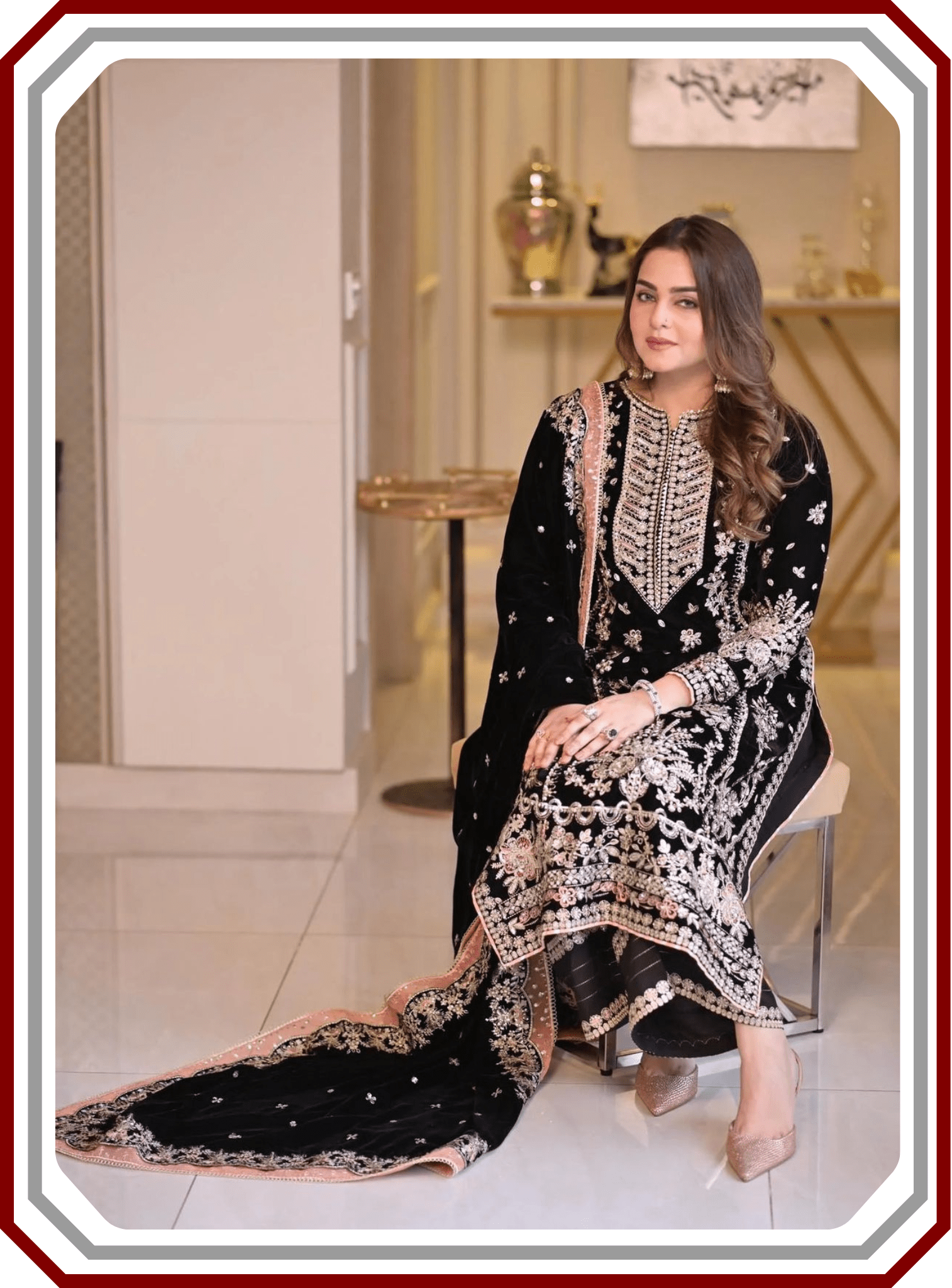 Aneelas Micro 9000 Velvet Suit - Handwork & Chiffon Dupatta - Pehna Textile