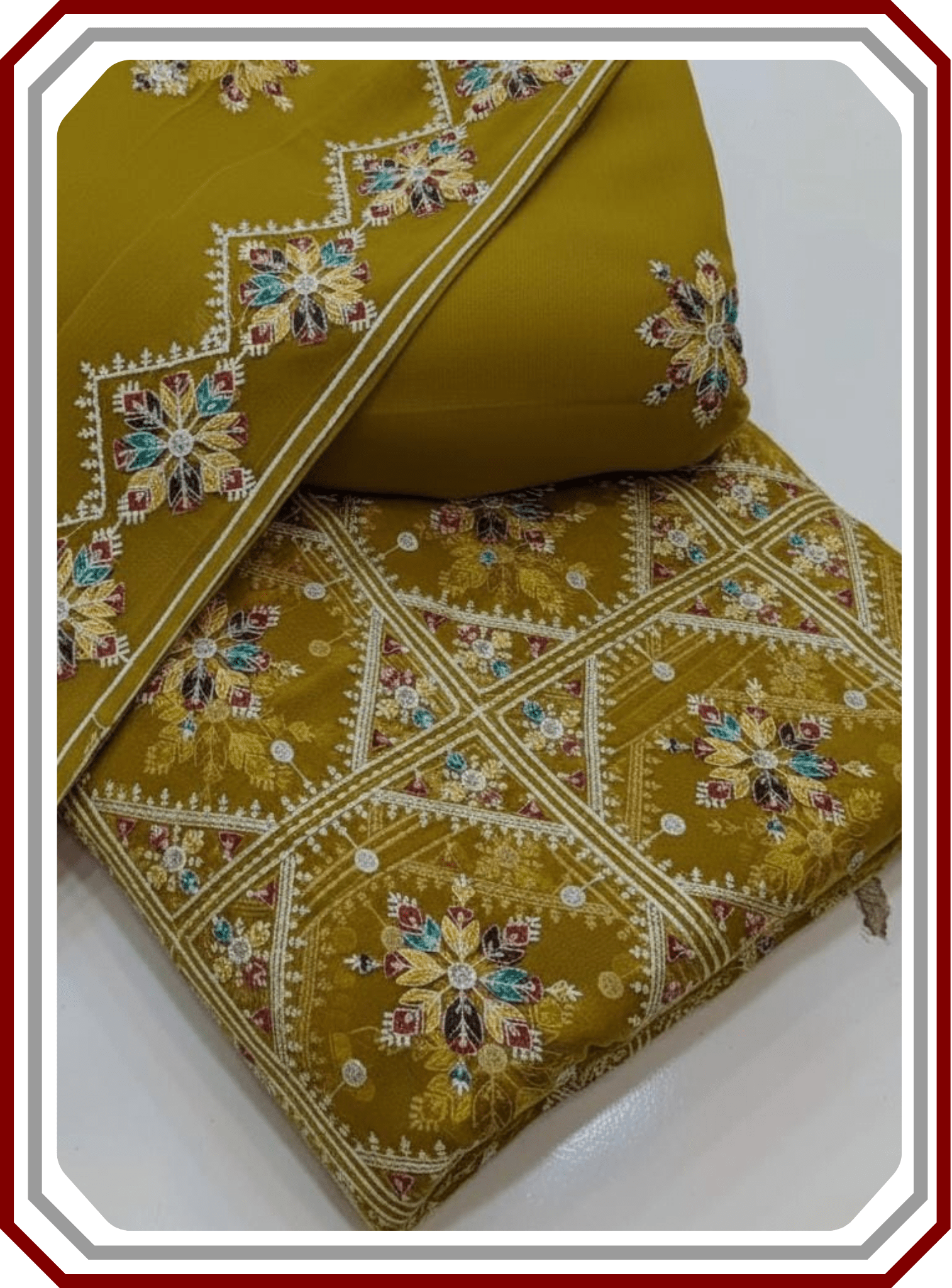 Phulkari Style 3 - Piece Unstitched Suit – Thread - Work Chiffon & Malai - Pehna Textile