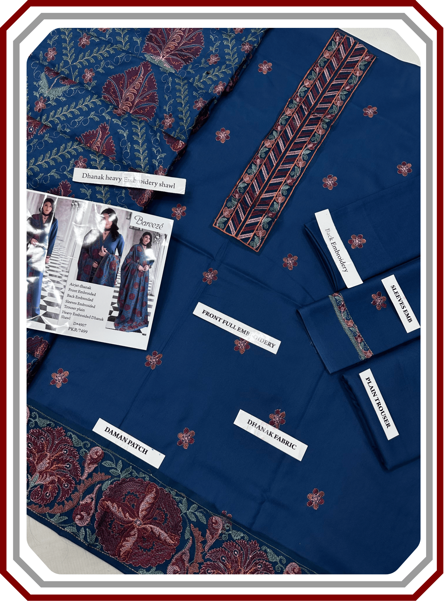 Bareeze Premium Dhanak – Full Heavy Embroidered Shawl 3PC Unstitched Suit - Pehna Textile