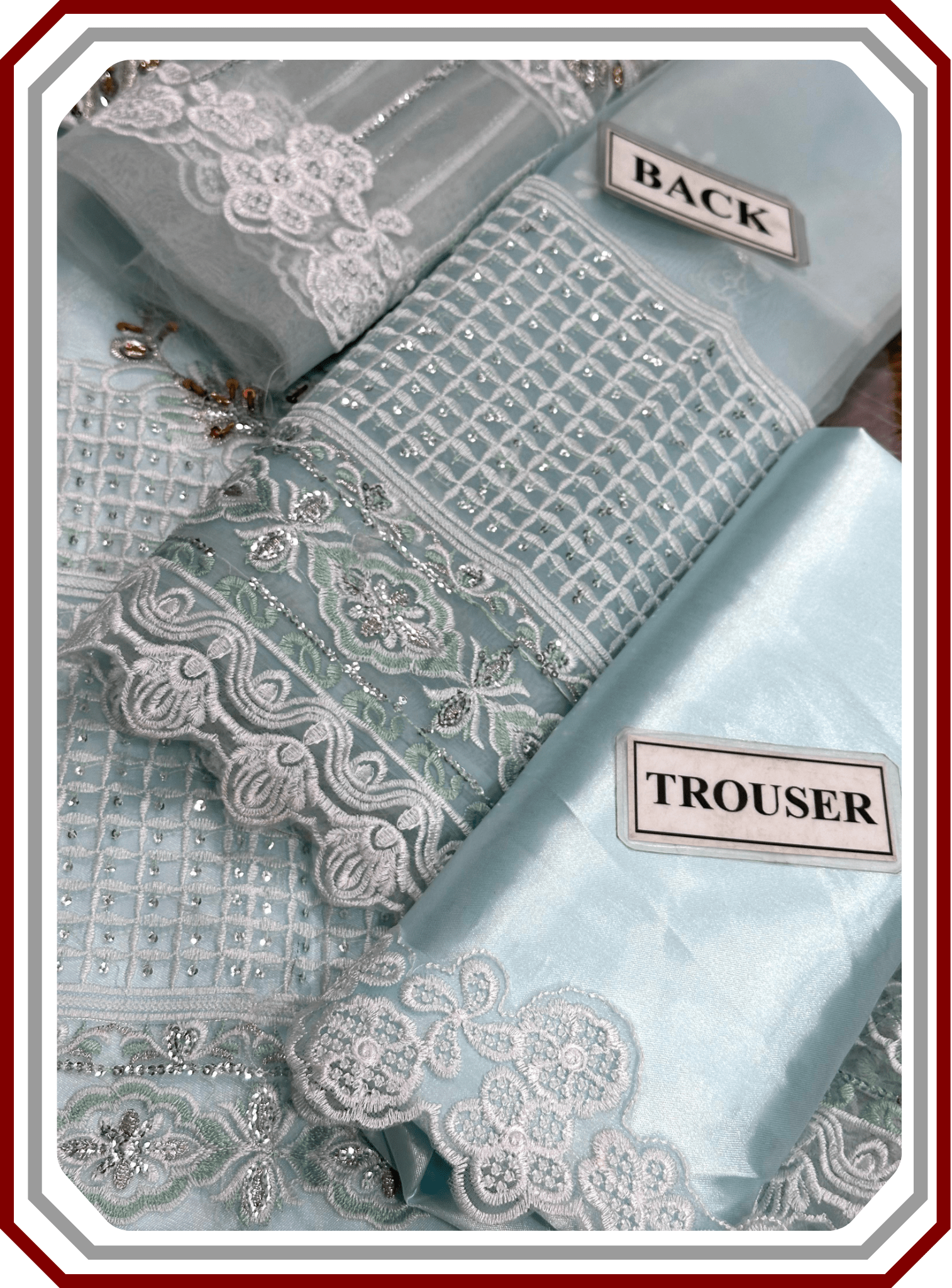 Mushq Replica Hand - Crafted Organza Ensemble - Adda & Sequence Work with Satin Silk (Unstitched) - Pehna Textile