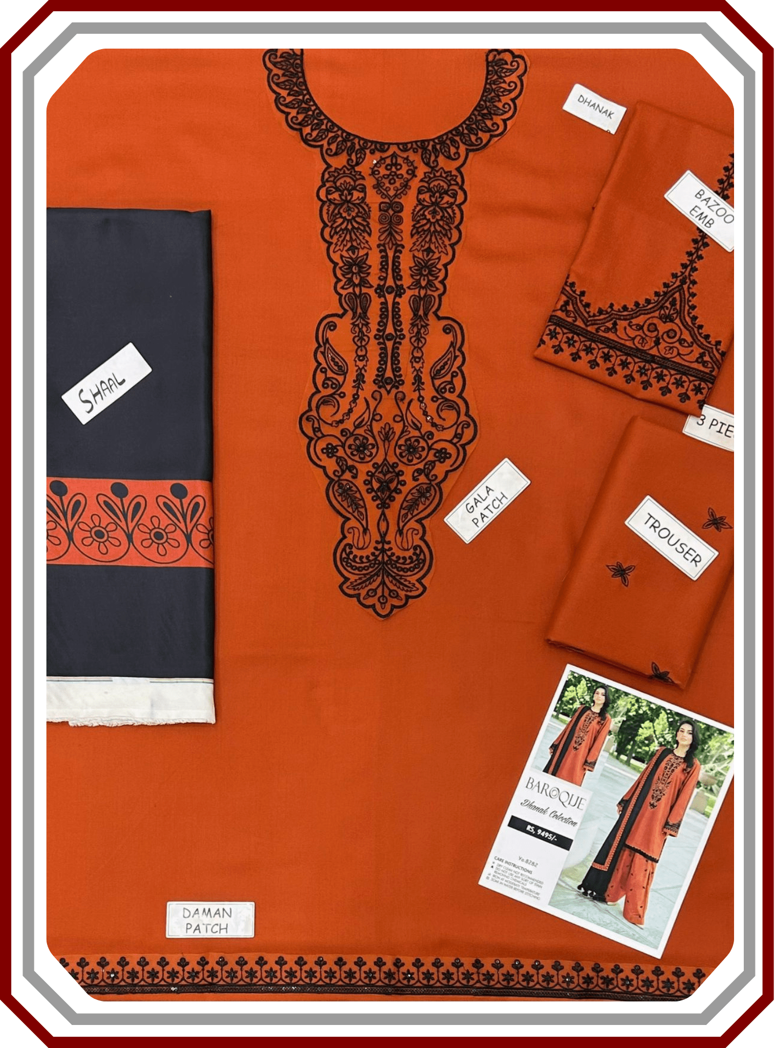 Baroque Most Demanding Edition - 3 Piece Embroidered Dhanak Suit with Digital Shawl (Unstitched) - Pehna Textile