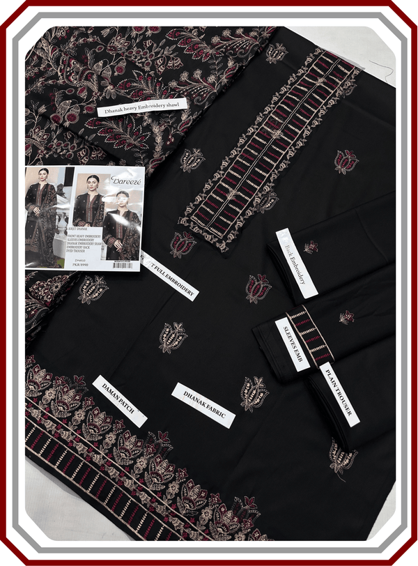 Bareeze Premium Dhanak – Full Heavy Embroidered Shawl 3PC Unstitched Suit - Pehna Textile