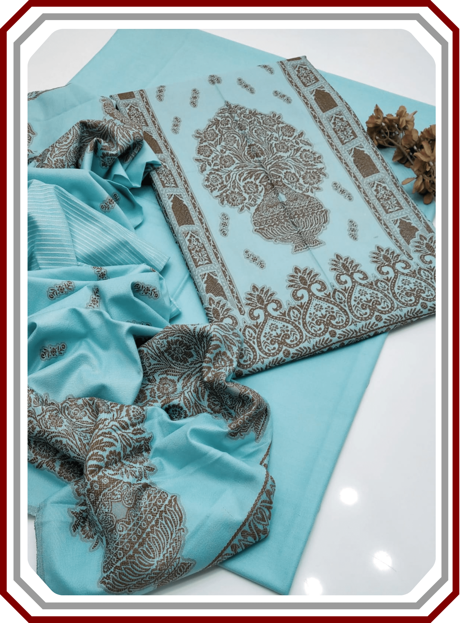Elegant Mother's Edition - Jacquard Dhanak Wool 3 - Piece Suit with Warm Shawl - Pehna Textile
