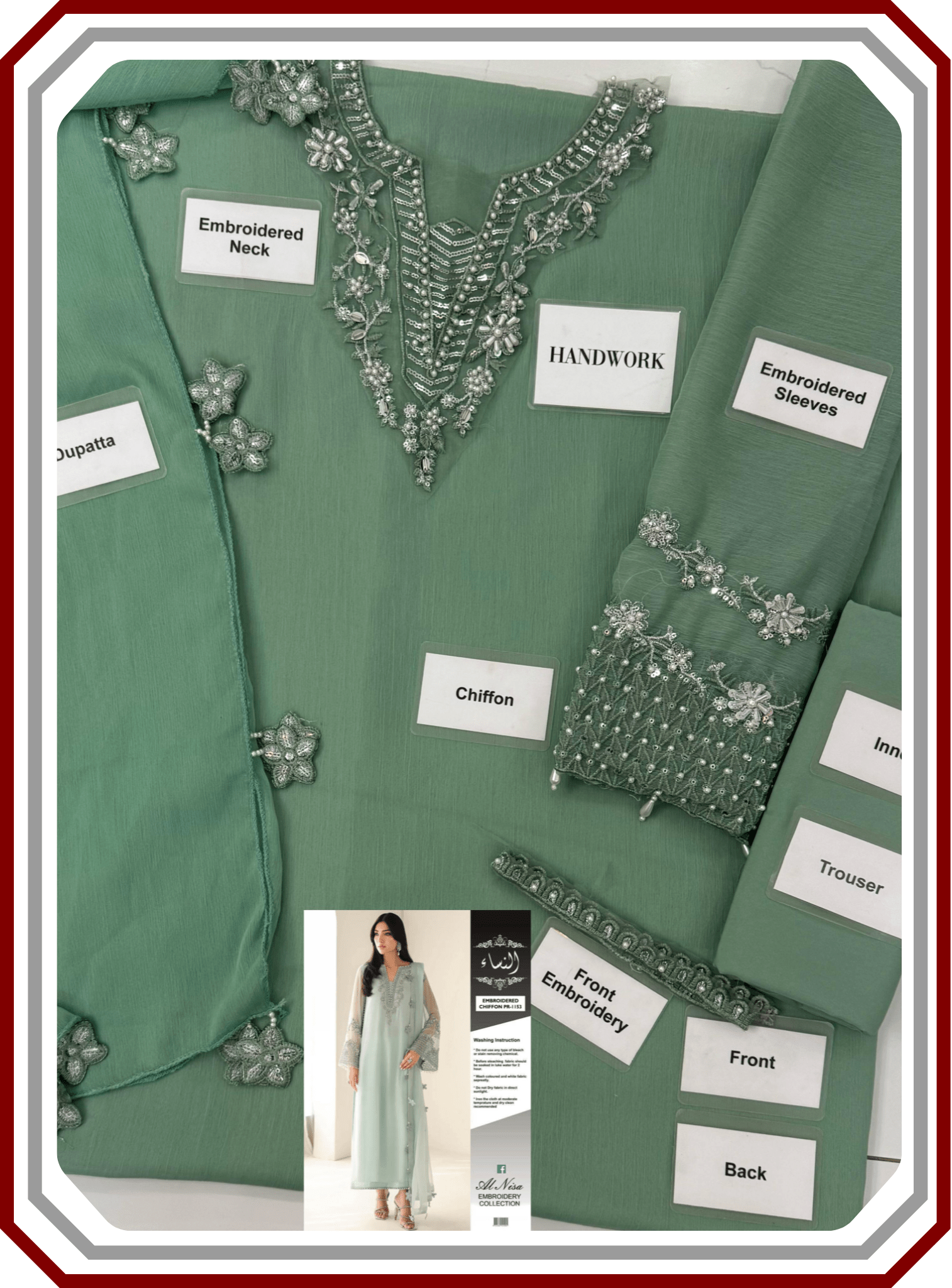 Baroque Replica Chiffon Unstitched 3 - Piece Suit with Handwork Details - Pehna Textile