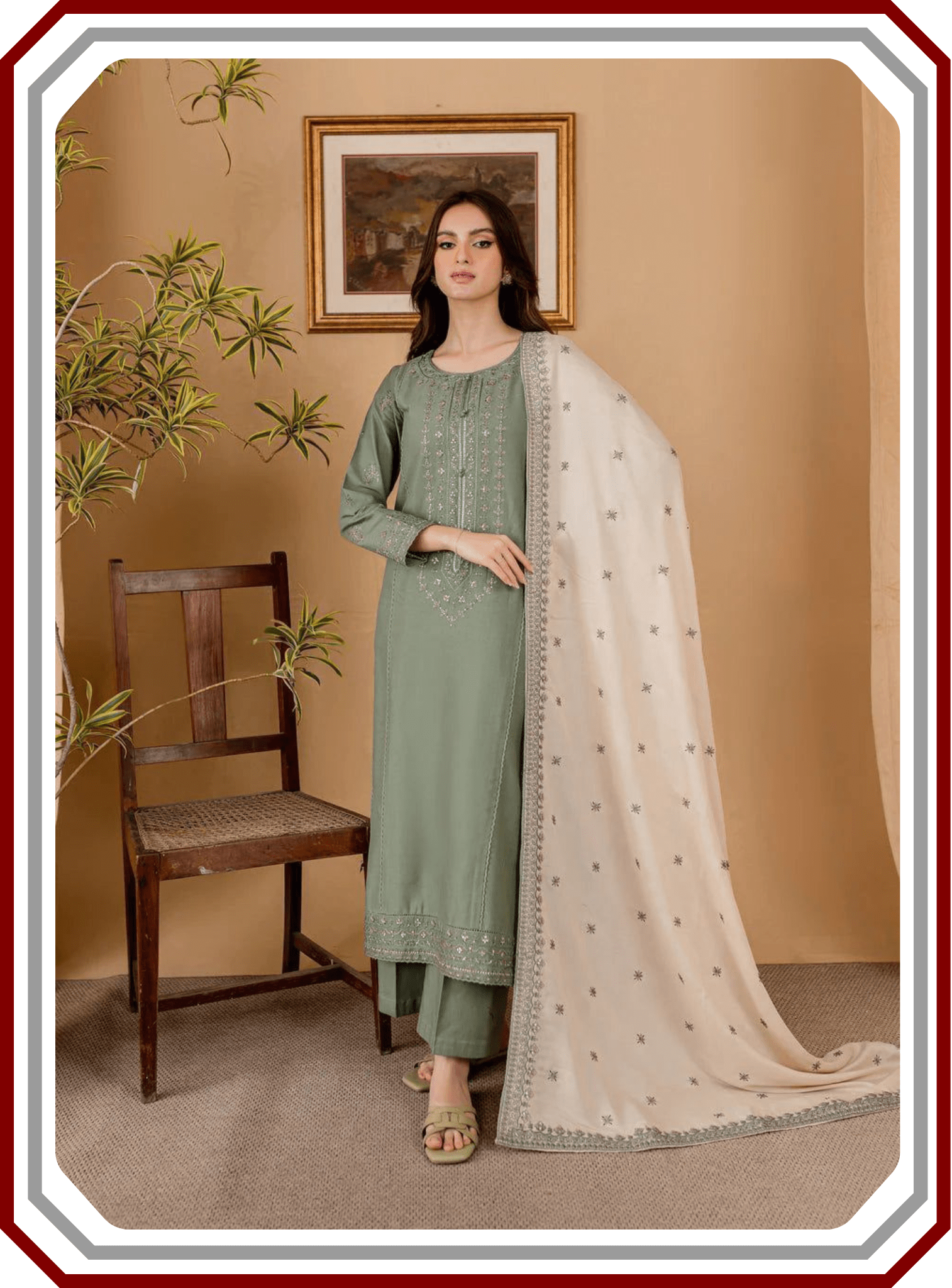 Batik Dhanak Suit - Heavy Emb Neck & RTW Shawl (Unstitched) - Pehna Textile