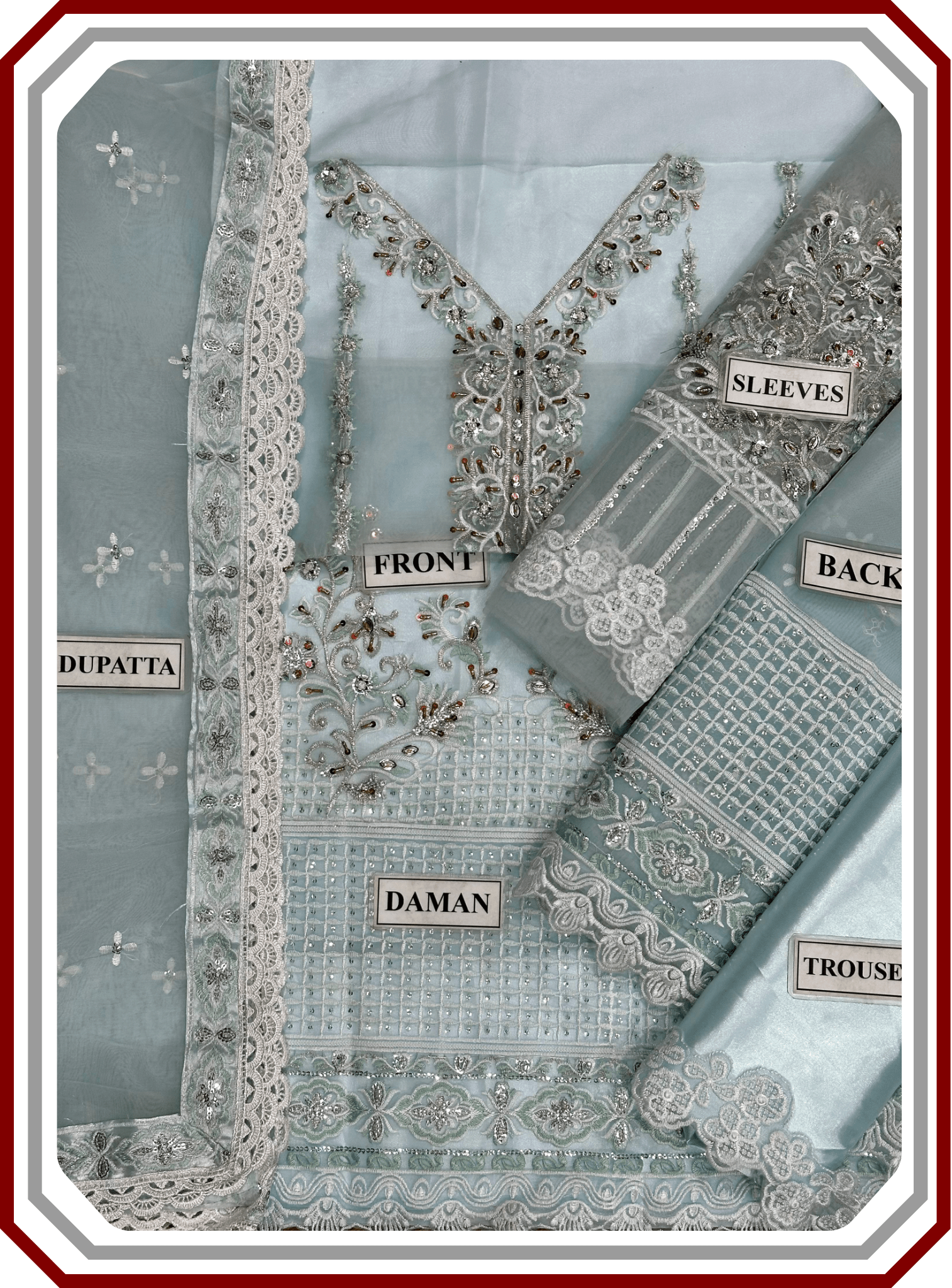 Mushq Replica Hand - Crafted Organza Ensemble - Adda & Sequence Work with Satin Silk (Unstitched) - Pehna Textile