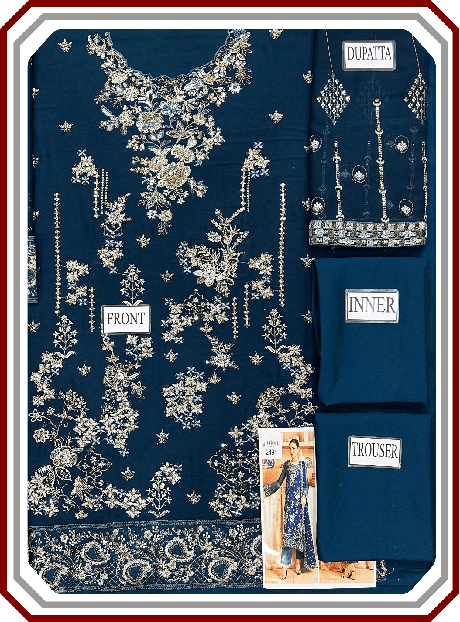 Ramsha Luxury Embroidered Chiffon Suit with Inner - Design 2494 (Unstitched) - Pehna Textile