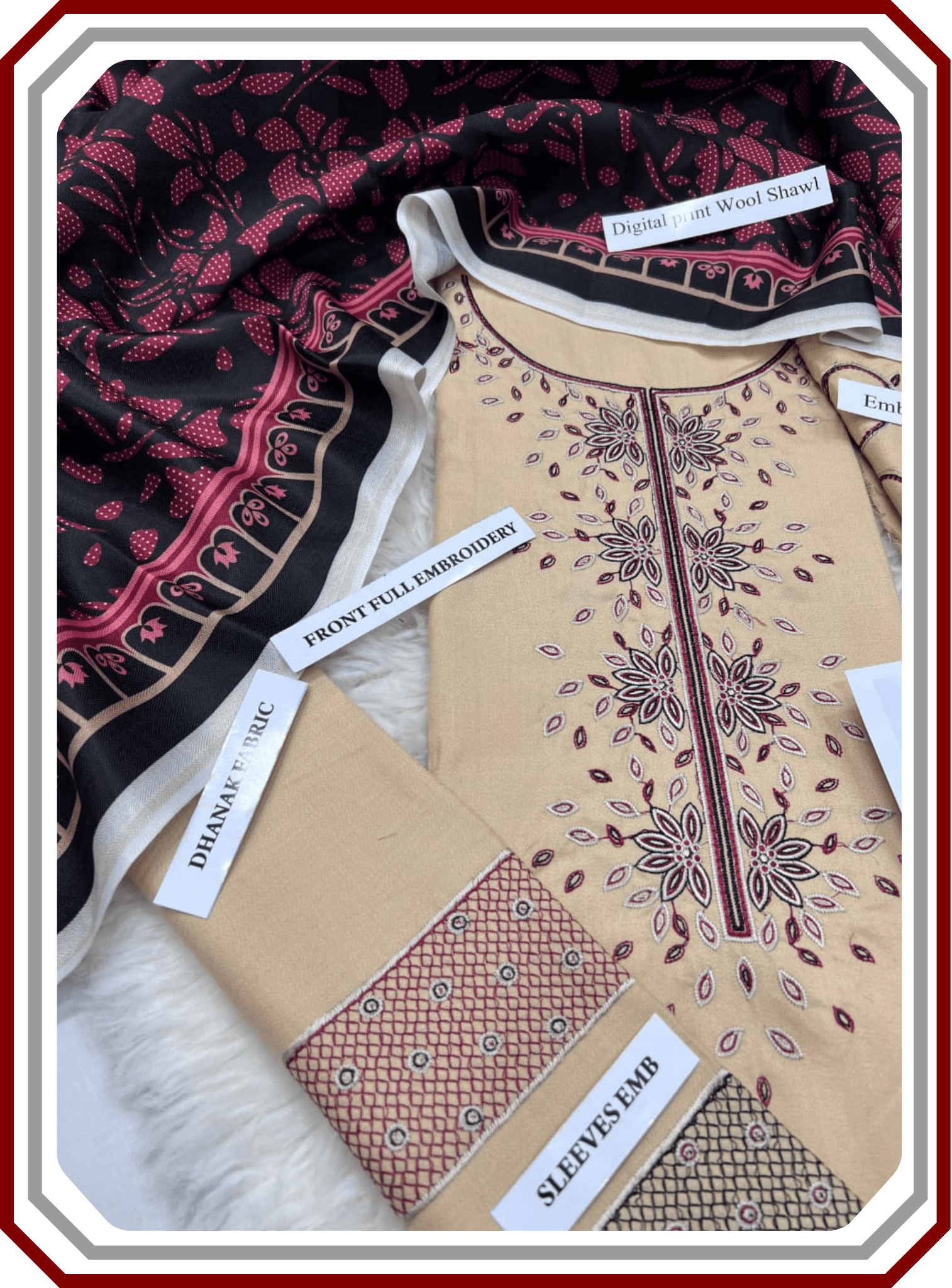 Jazmine Premium Dhanak Suit with Digital Wool Shawl & Embroidered Trouser (Unstiched) - Pehna Textile