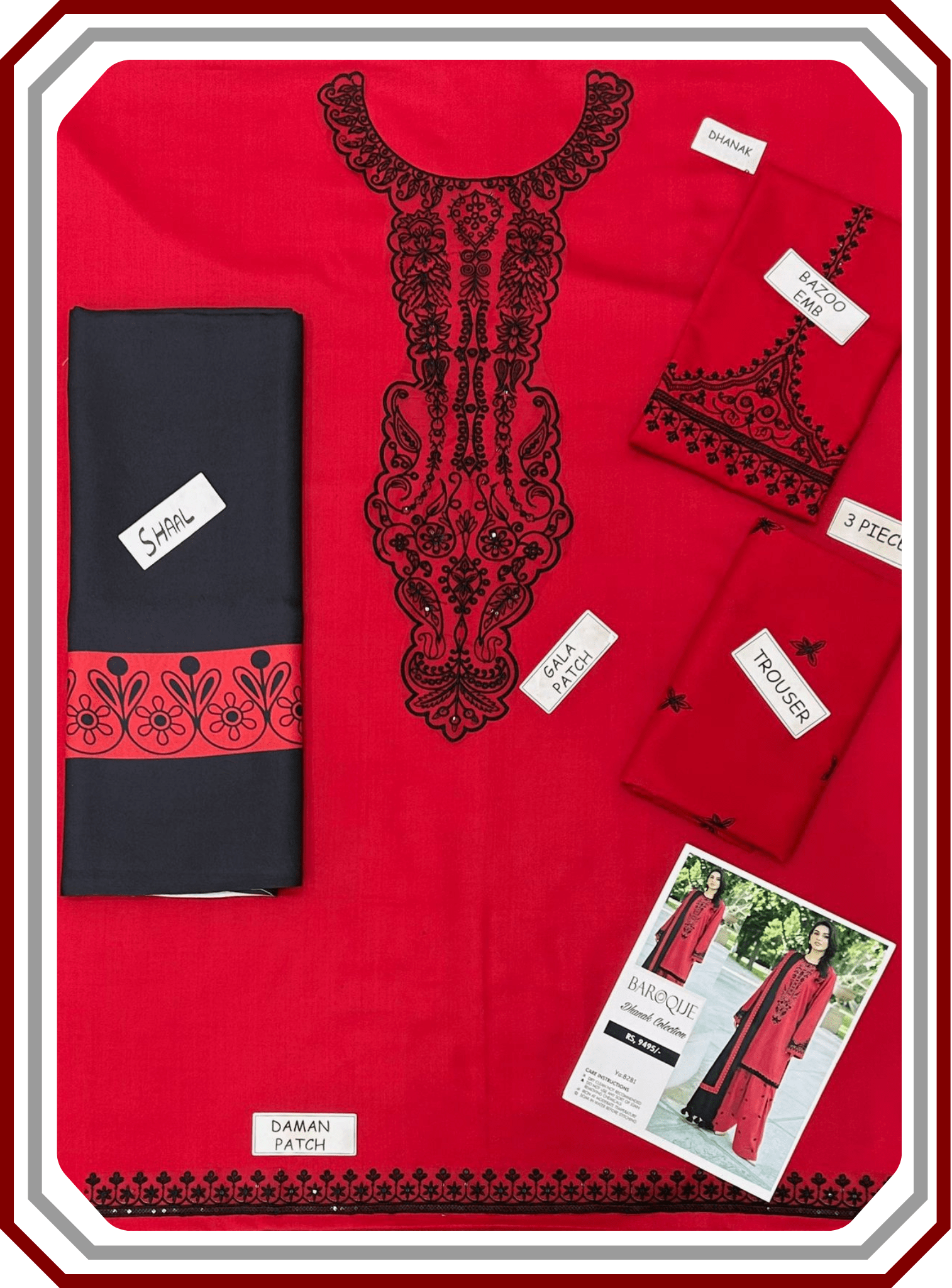 Baroque Most Demanding Edition - 3 Piece Embroidered Dhanak Suit with Digital Shawl (Unstitched) - Pehna Textile