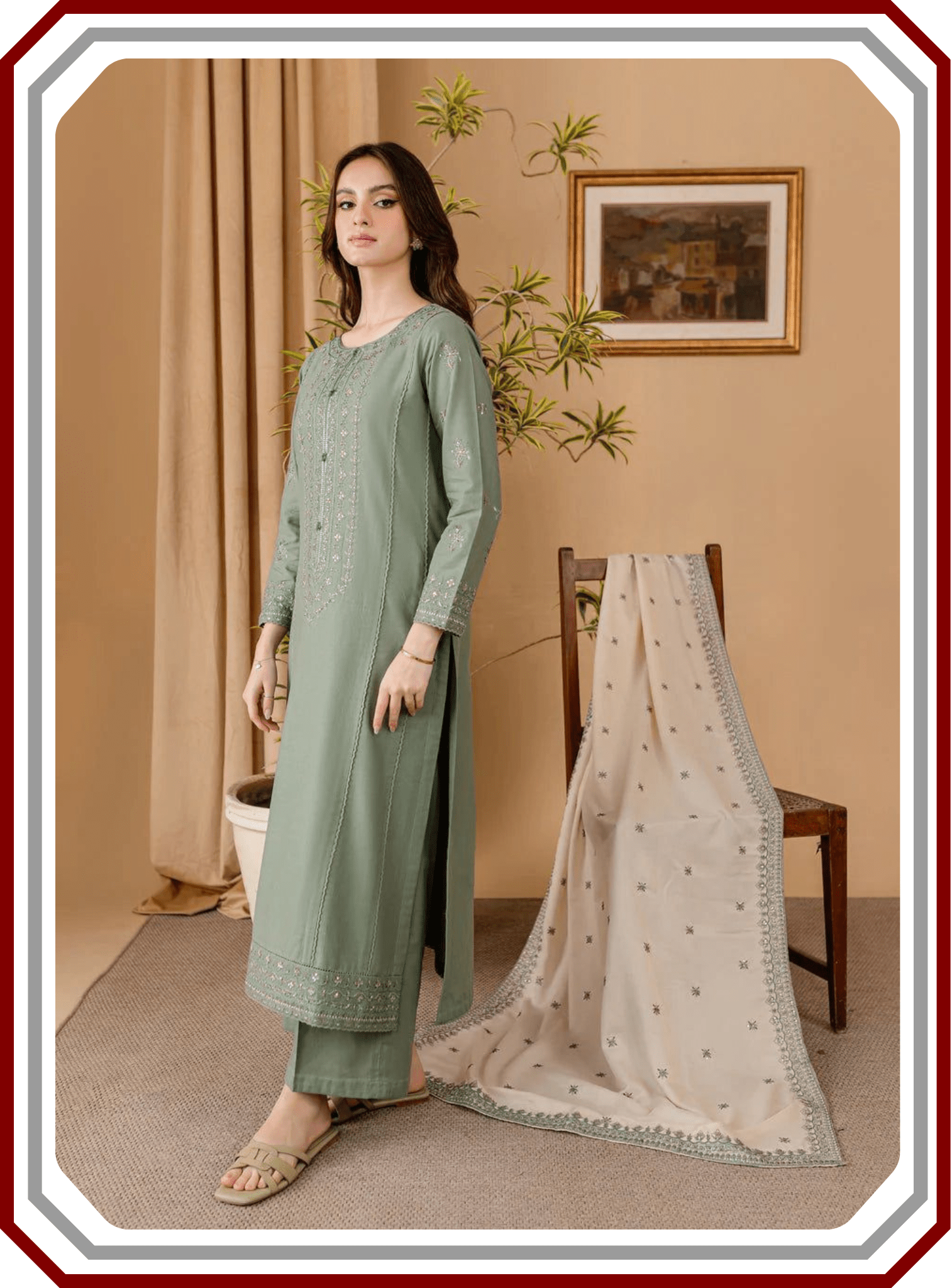 Batik Dhanak Suit - Heavy Emb Neck & RTW Shawl (Unstitched) - Pehna Textile