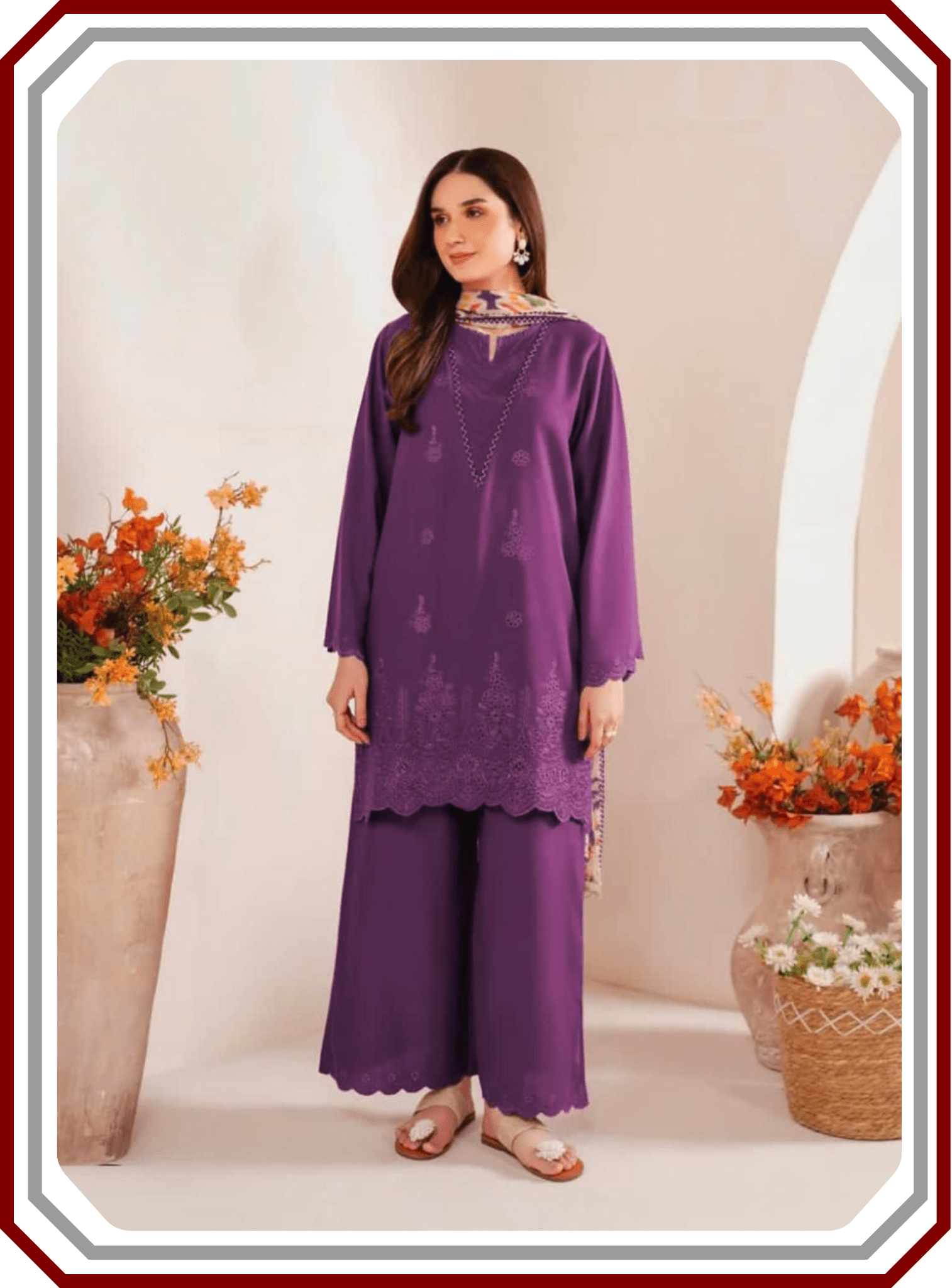 Sapphire Airjet Dhanak 3 Piece Suit - Heavy Chikan Kari Boring Embroidery with Pashmina Shawl (Unstitched) - Pehna Textile