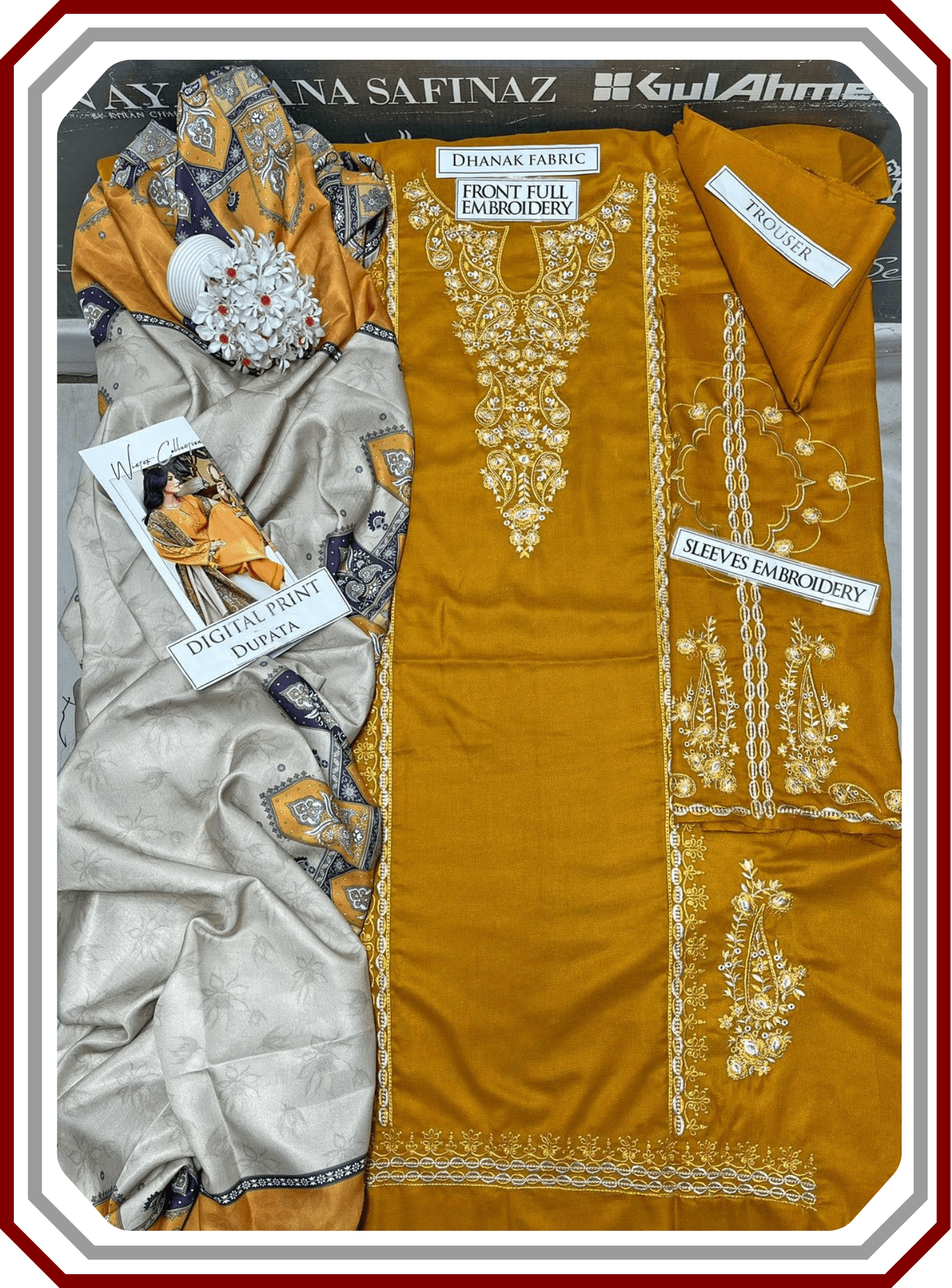 Izel Dhanak 3PC Unstitched Winter Collection 2025 – Full Embroidered Suit D574 Replica - Pehna Textile