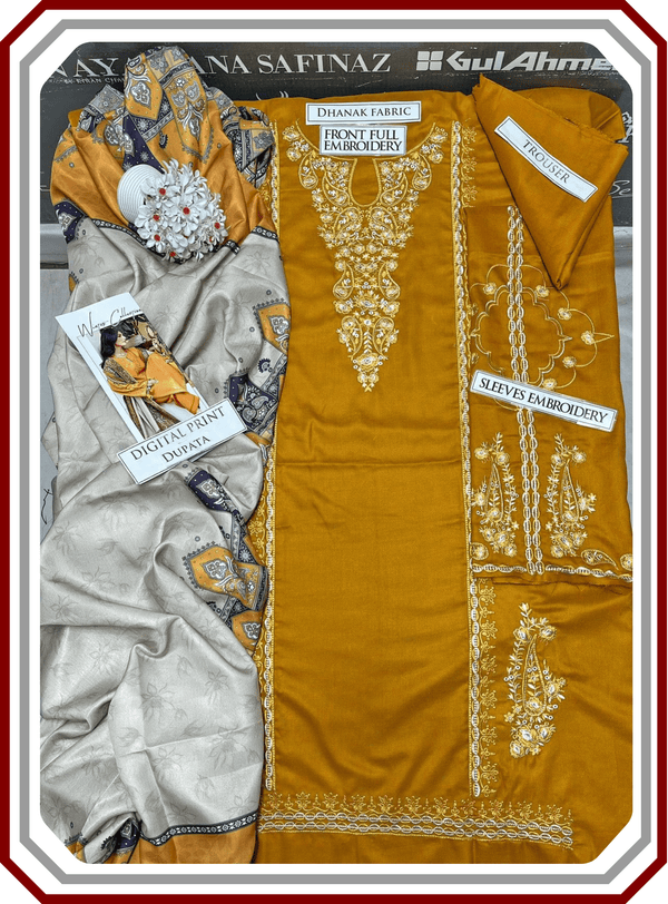 Izel Dhanak 3PC Unstitched Winter Collection 2025 – Full Embroidered Suit D574 Replica - Pehna Textile