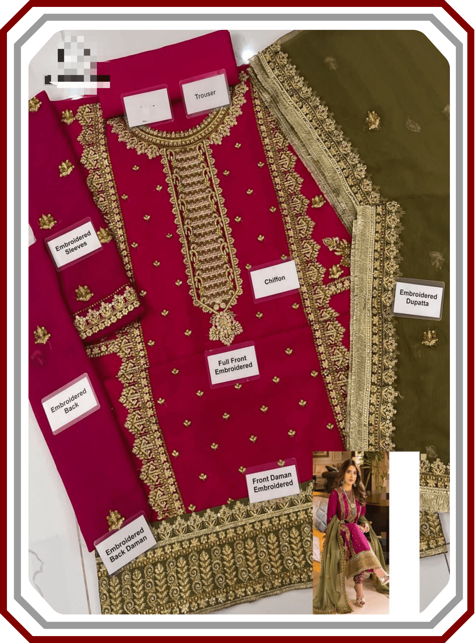 Asim Jofa Replica Chiffon Suit - Mahru & Noorie Collection AJSM - D01 (Unstitched) - Pehna Textile