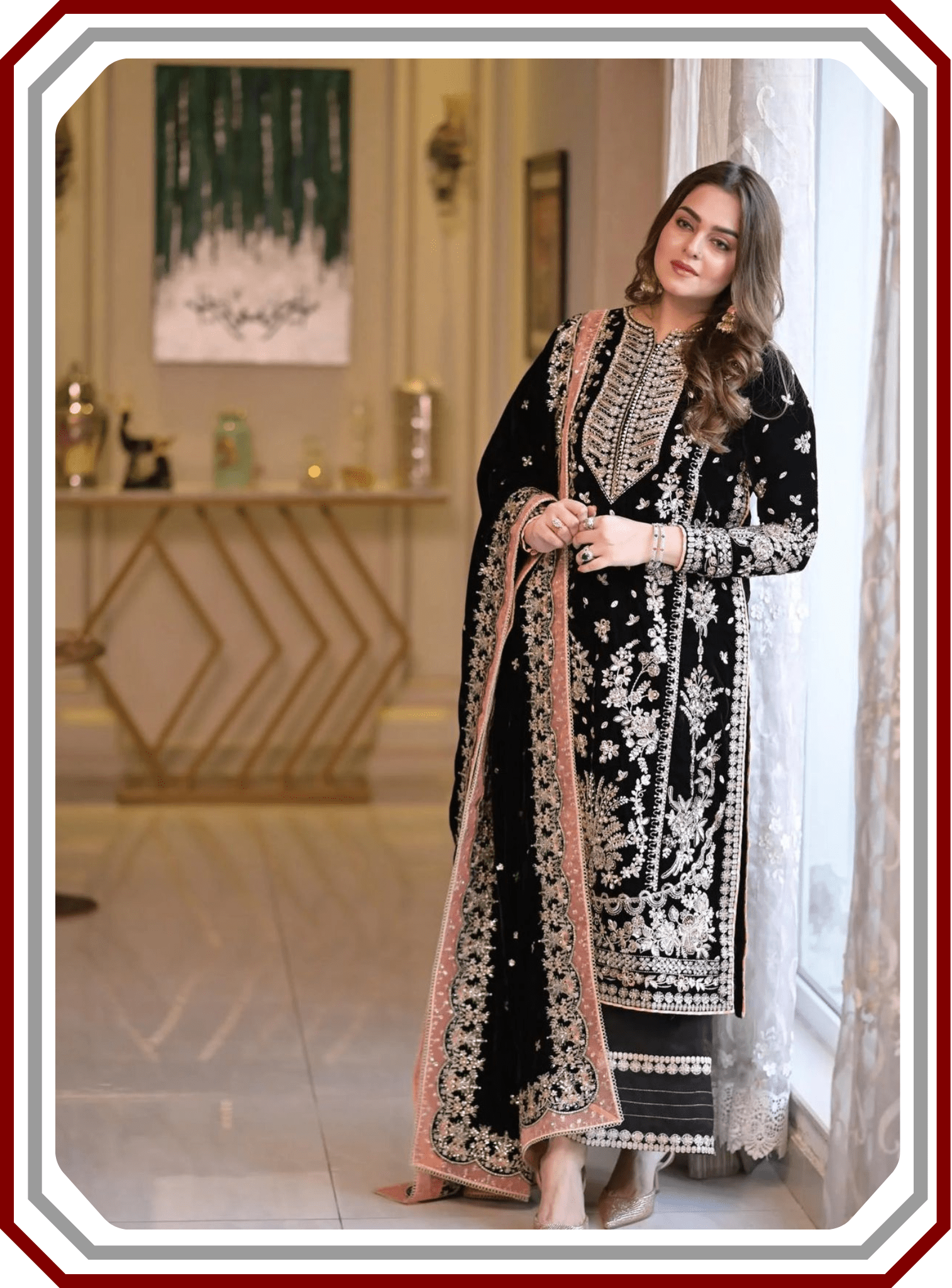 Aneelas Micro 9000 Velvet Suit - Handwork & Chiffon Dupatta - Pehna Textile