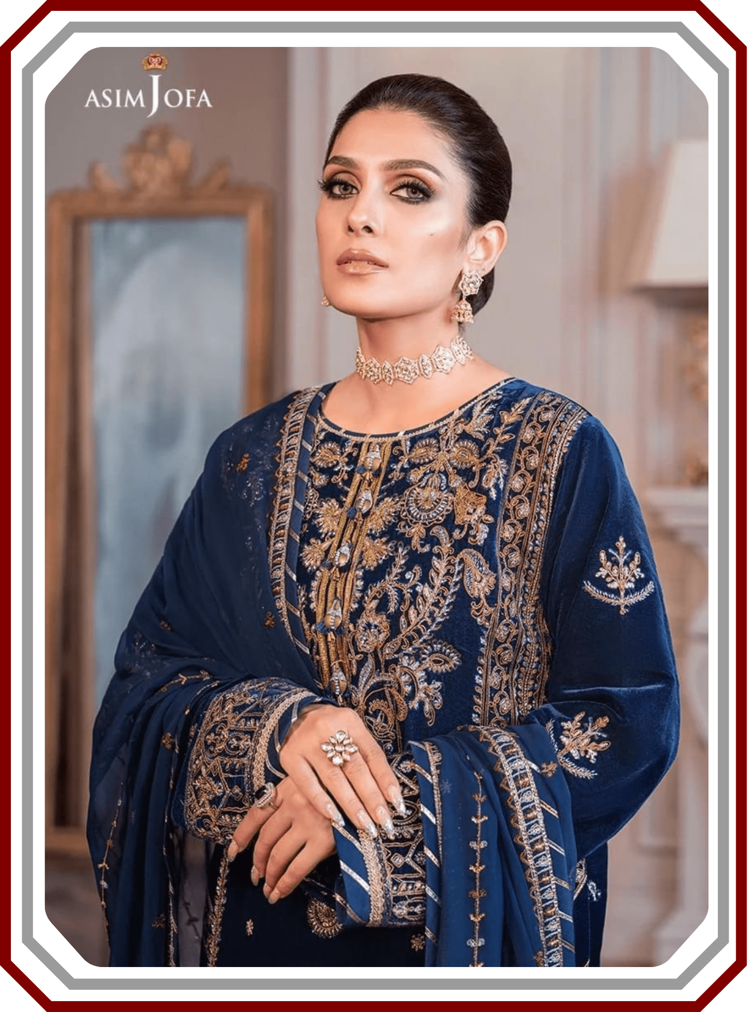 Asim Jofa Ayeza Makhmal Collection - Micro 9000 Velvet Suit with Cutwork Net Dupatta (Unstitched) - Pehna Textile